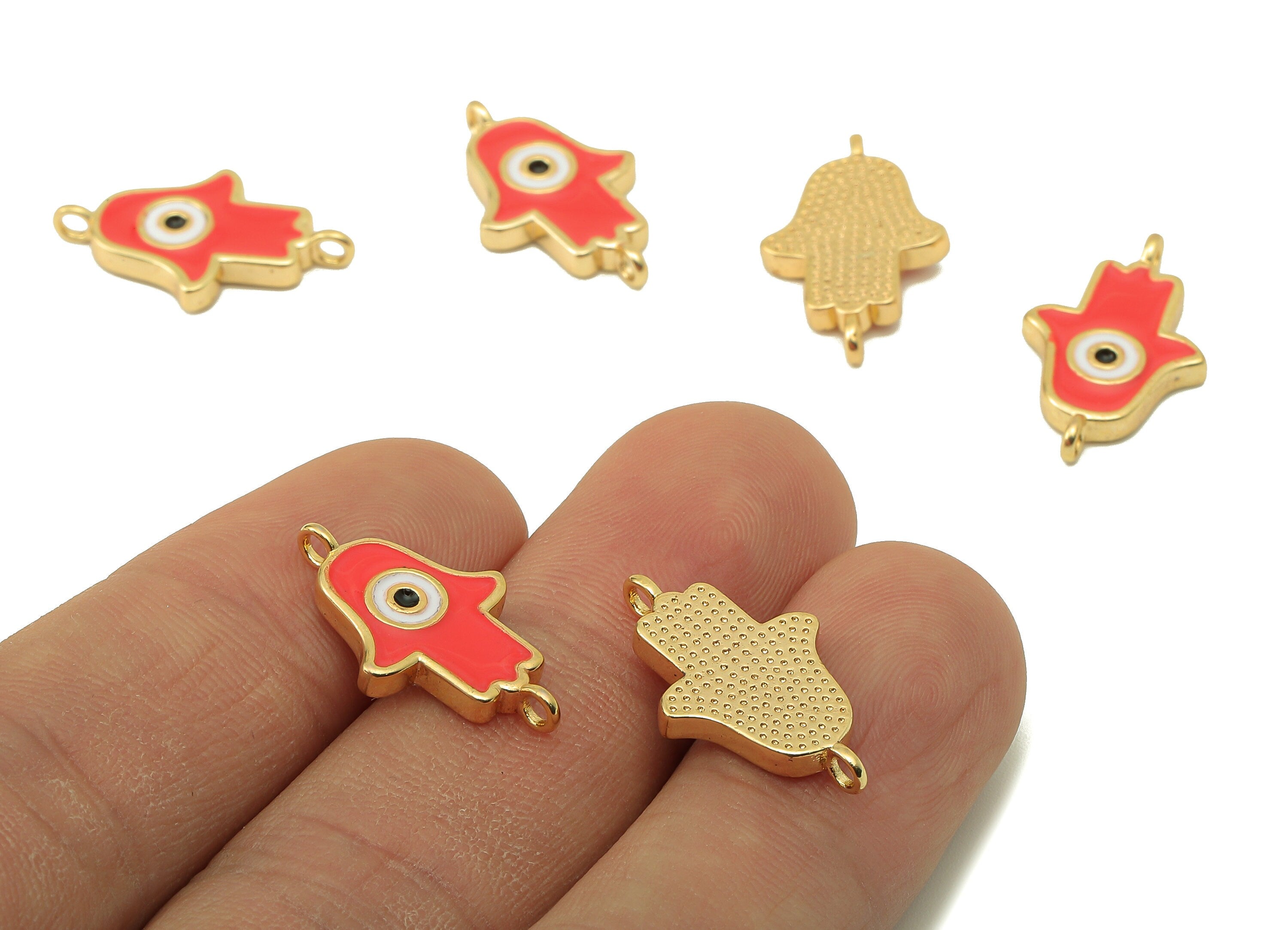 Brass Hamsa Earring Connector - Brass Red Enamel Pendant With Loop - Enamel For Bracelet-18K Real Gold Plating-21.05x12.88x2.42mm-RGP5890D - DOMEDBAZAAR
