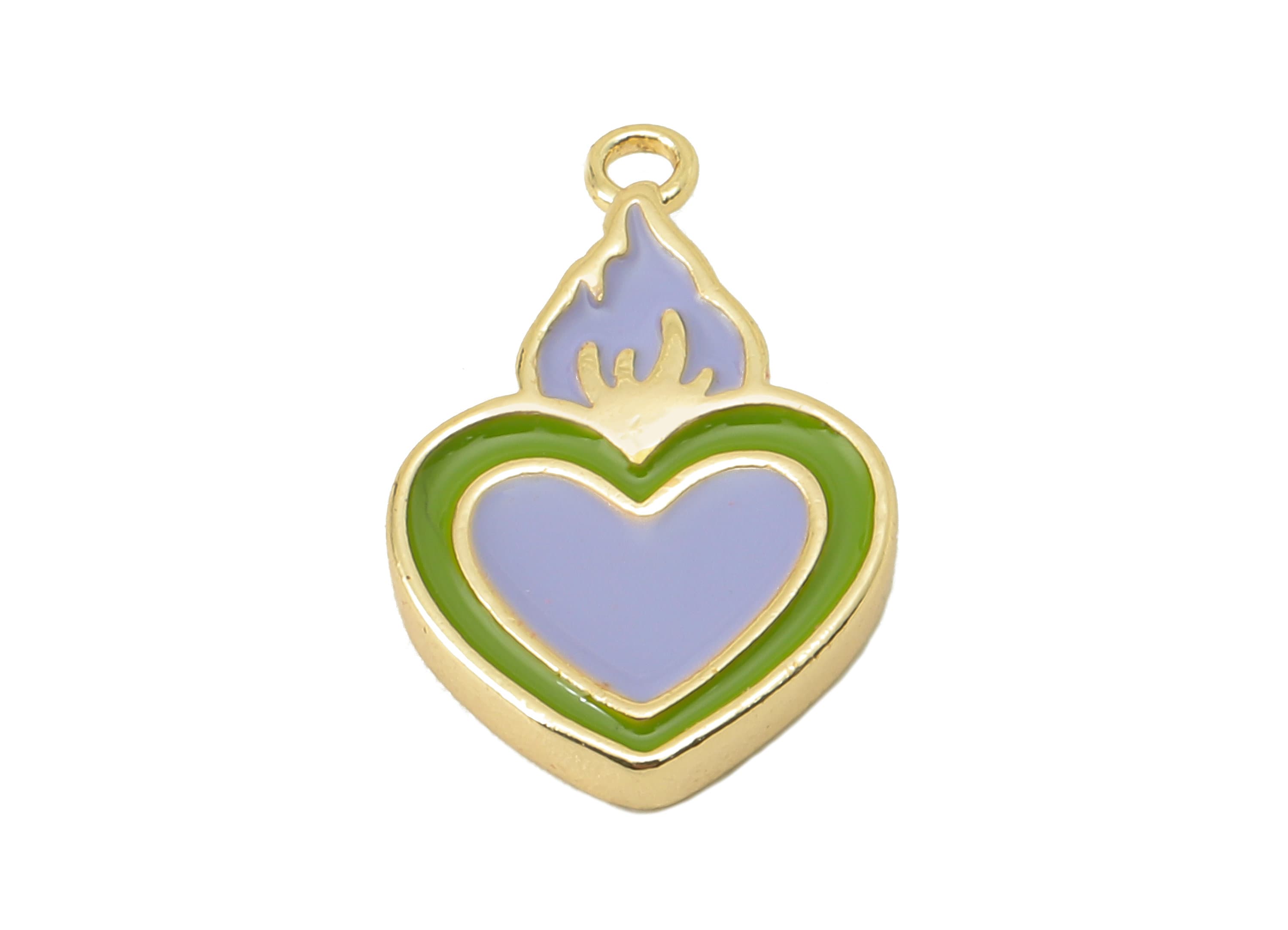 Brass Enamel Purple Heart Earring Charm -Brass Burning Heart Pendant With Loop-For Necklace-18K Real Gold Plating-17.42x11.16x2.26mm-RGP5891 - DOMEDBAZAAR