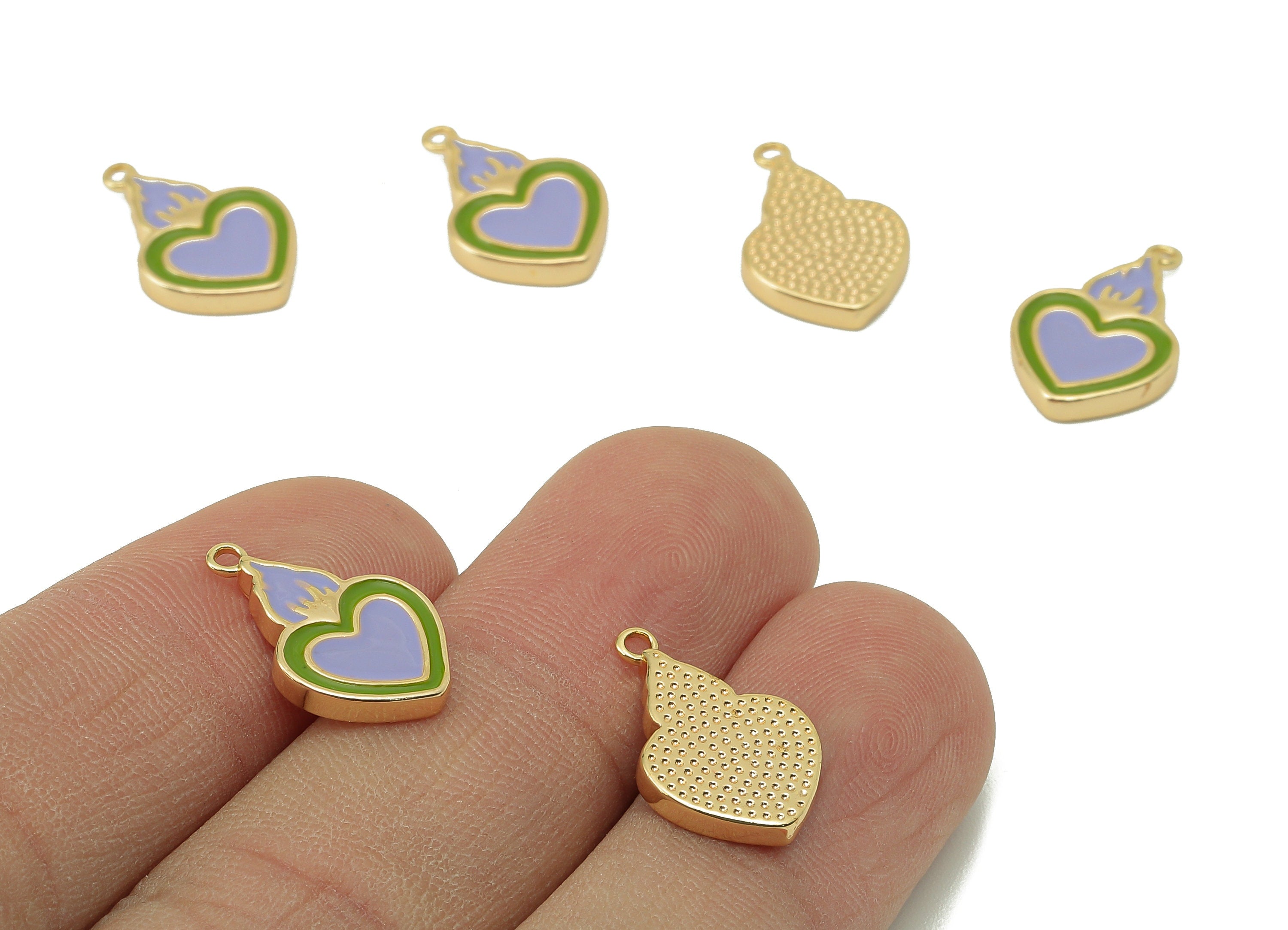 Brass Enamel Purple Heart Earring Charm -Brass Burning Heart Pendant With Loop-For Necklace-18K Real Gold Plating-17.42x11.16x2.26mm-RGP5891 - DOMEDBAZAAR
