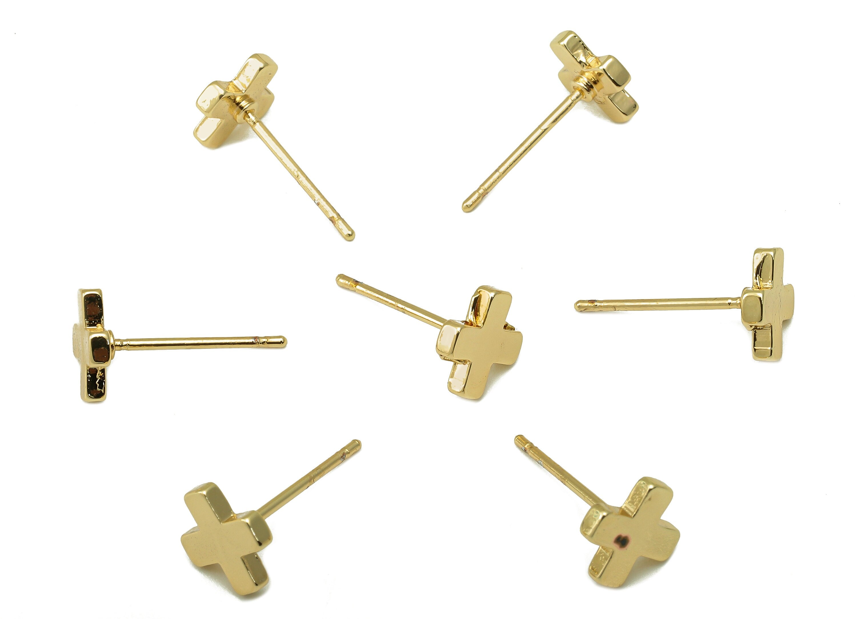 Brass Cross Earring Stud - Cross Earring Post - Stainless Steel Earring Post- 18K Real Gold Plated - Ear Stud-Findings- 7x7x1.5mm- RGP5933G - DOMEDBAZAAR