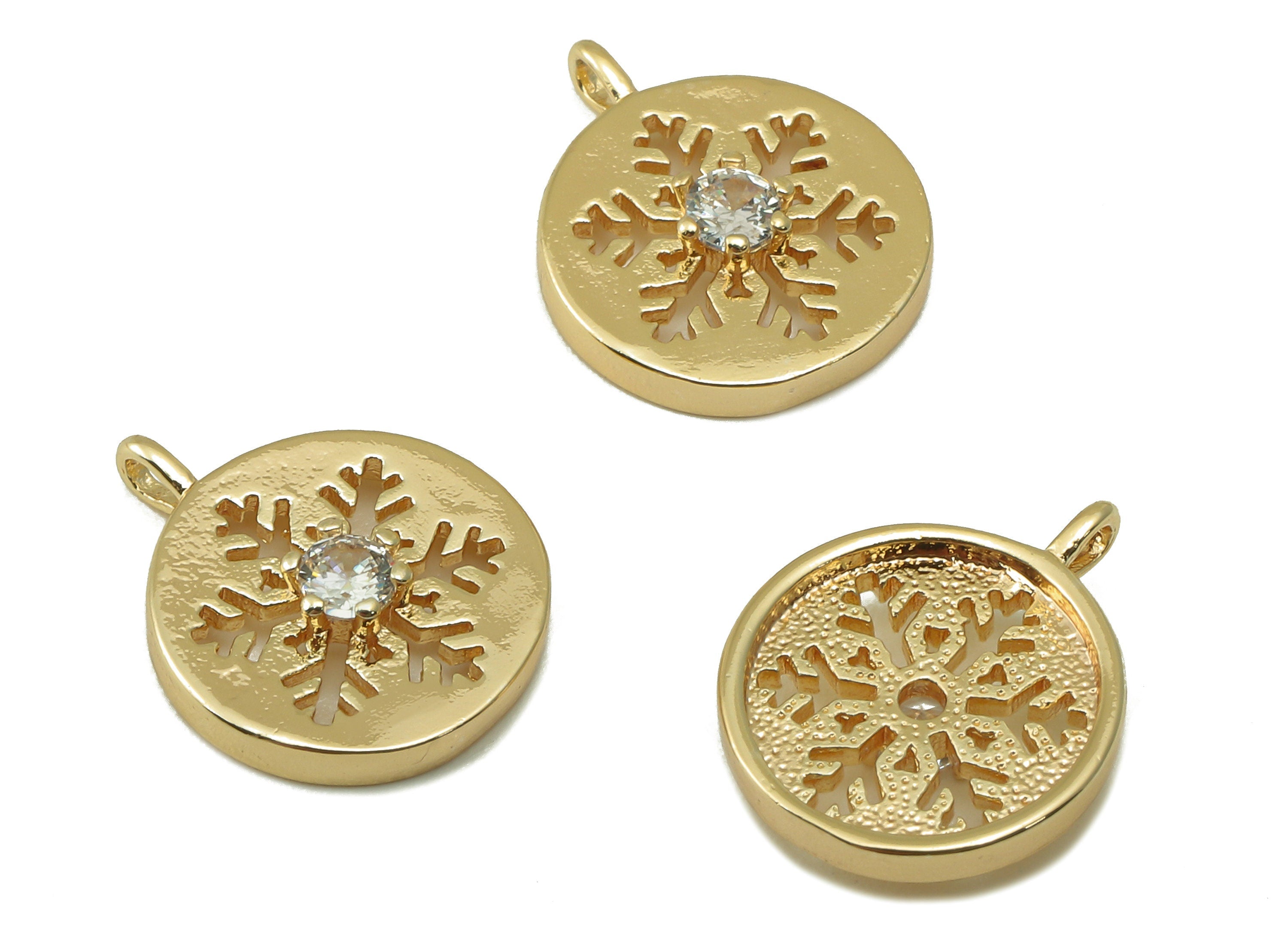 Brass Gold Round Earring Charm - Brass Cubic Zircon Snowflake Pendant - CZ Hollow Snowflake Earring-18K Real Gold Plated-14x11x2.5mm-RGP6622 - DOMEDBAZAAR