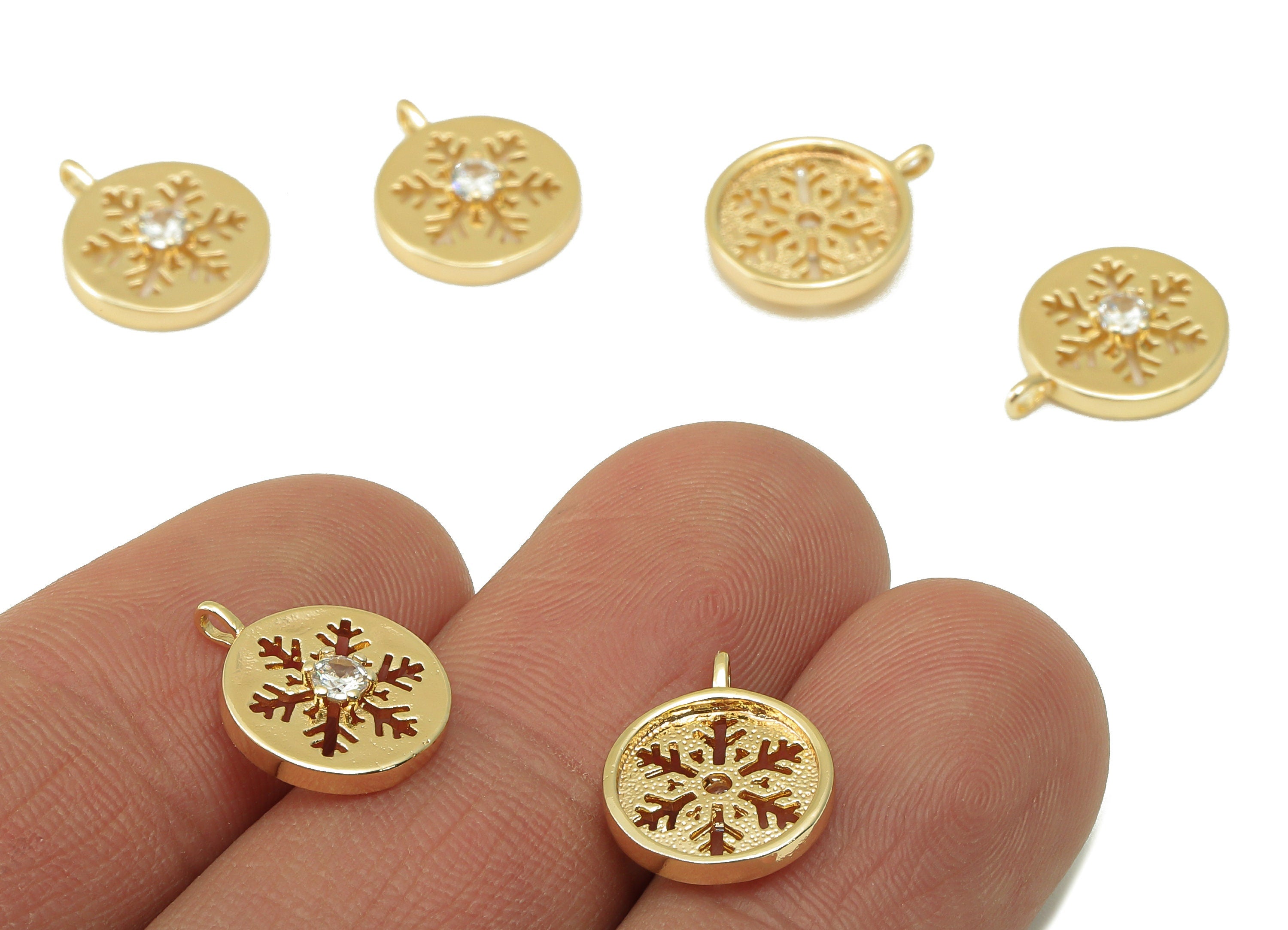 Brass Gold Round Earring Charm - Brass Cubic Zircon Snowflake Pendant - CZ Hollow Snowflake Earring-18K Real Gold Plated-14x11x2.5mm-RGP6622 - DOMEDBAZAAR