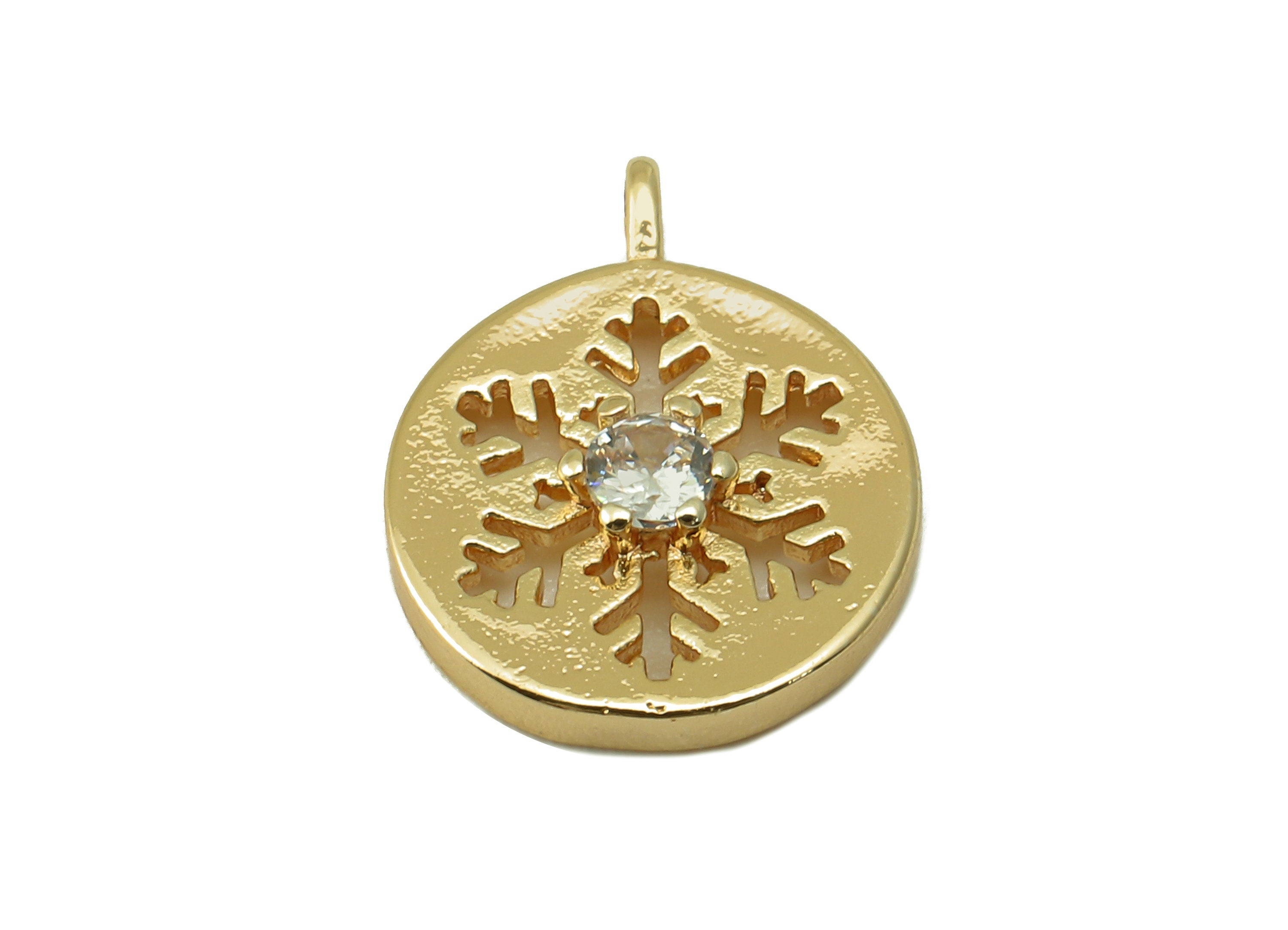Brass Gold Round Earring Charm - Brass Cubic Zircon Snowflake Pendant - CZ Hollow Snowflake Earring-18K Real Gold Plated-14x11x2.5mm-RGP6622 - DOMEDBAZAAR