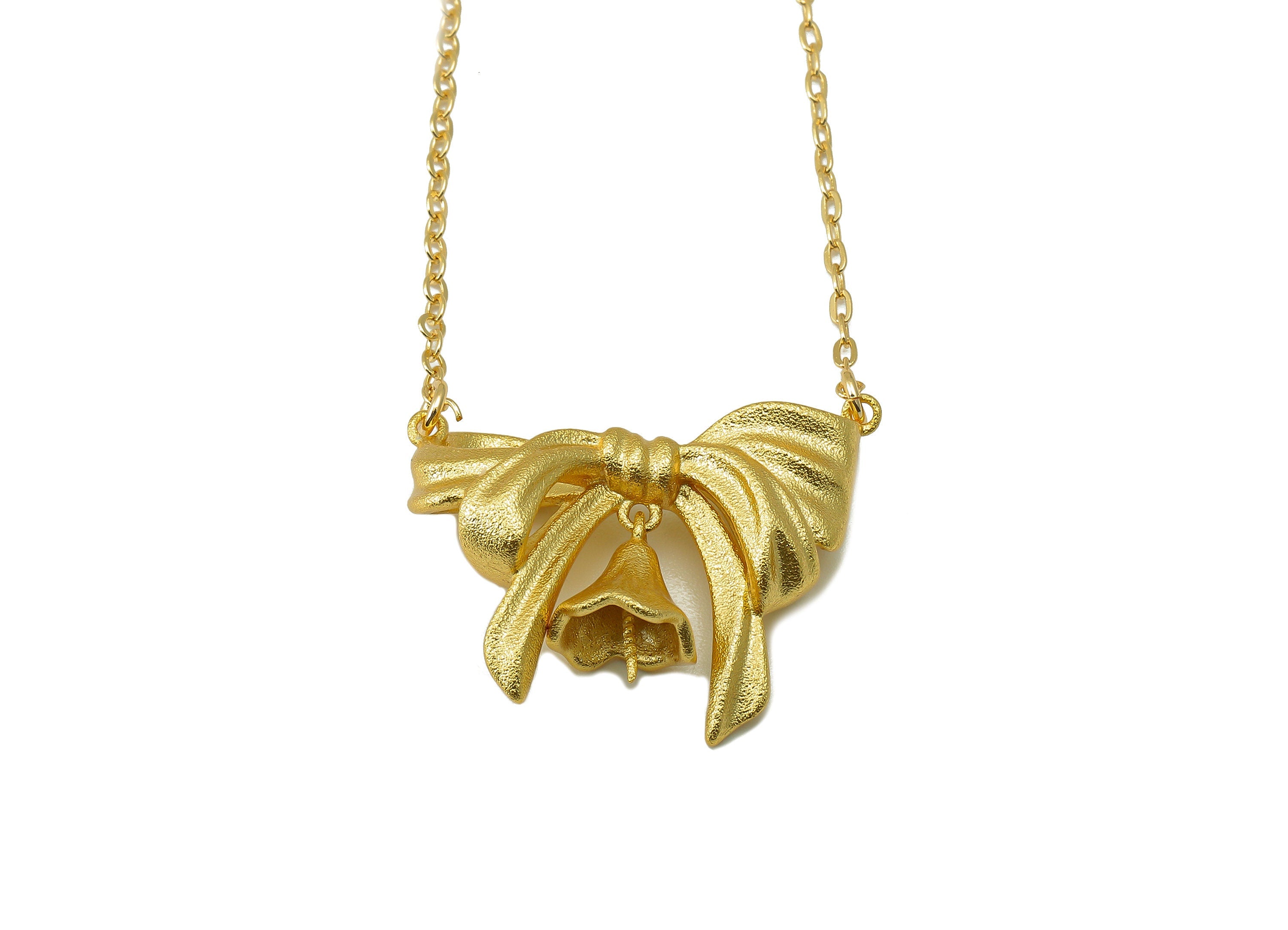 Brass Butterfly Necklace - Brass Gold Bow Tie Pendant - Bow Tie Small Bell - 18K Real Gold Plated Brass - 286x 26.24x 0.94mm - RGP6625 - DOMEDBAZAAR