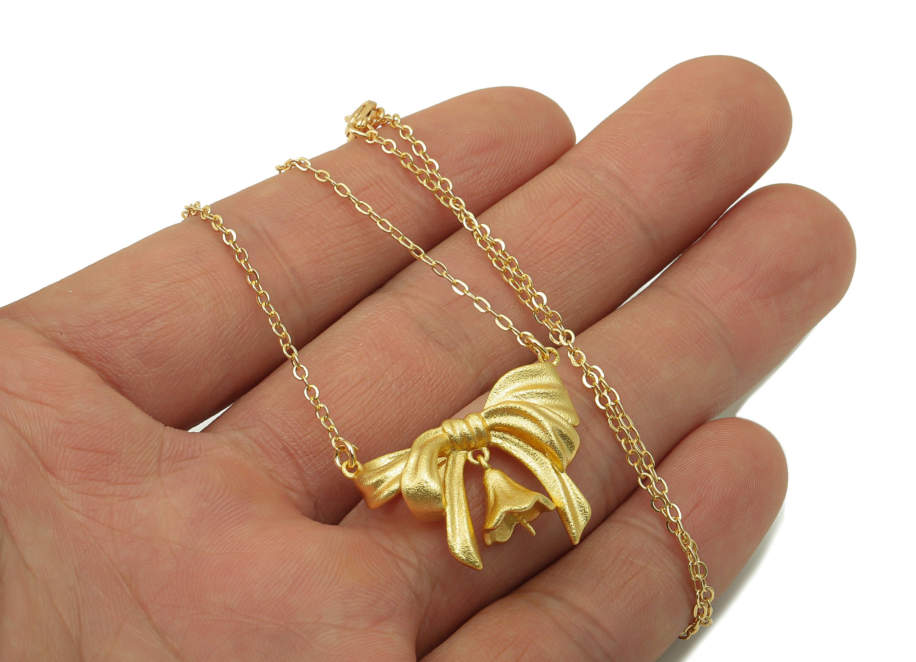 Brass Butterfly Necklace - Brass Gold Bow Tie Pendant - Bow Tie Small Bell - 18K Real Gold Plated Brass - 286x 26.24x 0.94mm - RGP6625 - DOMEDBAZAAR