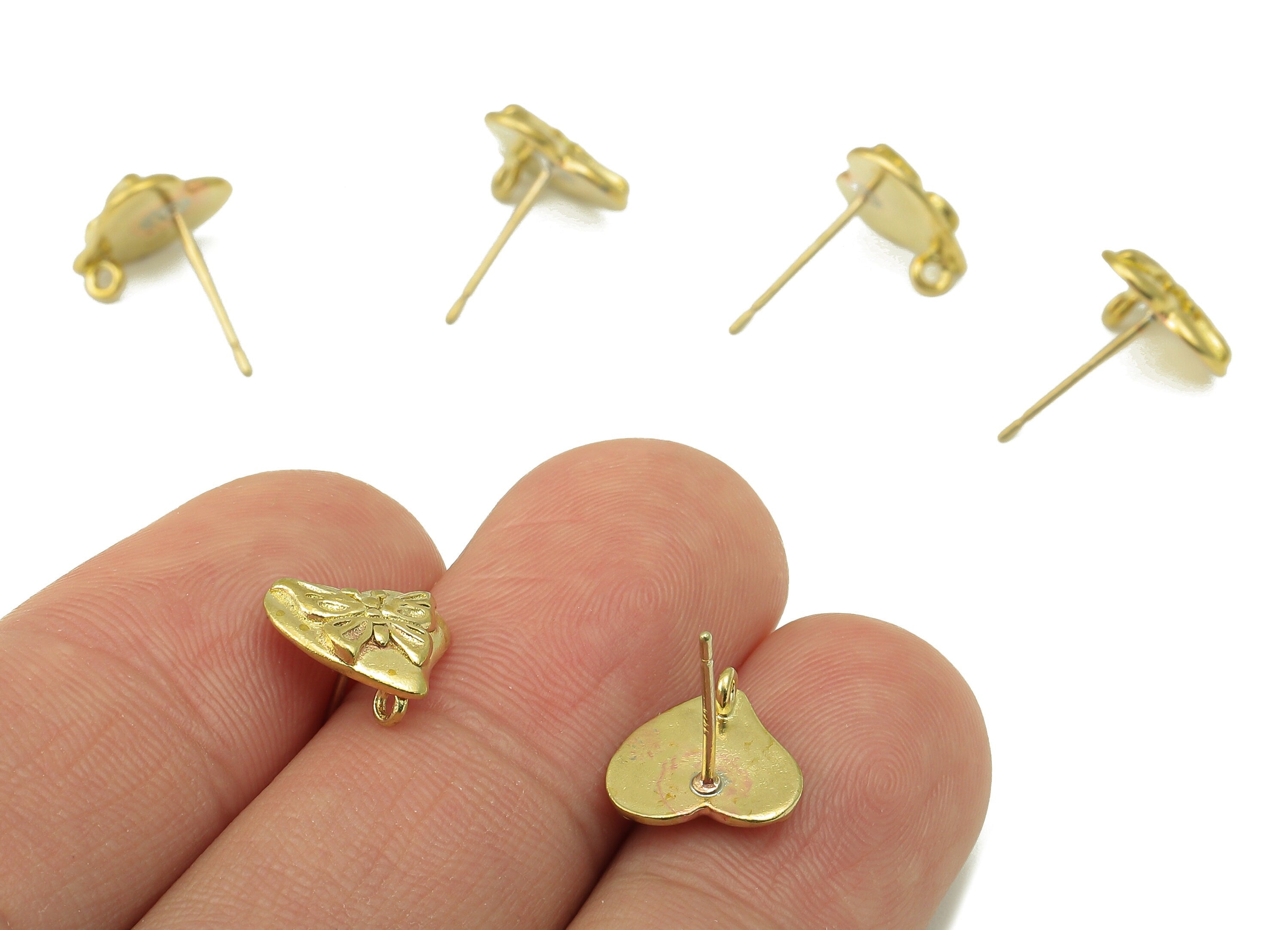 Raw Brass Heart Stud Earring - Brass Carved Butterfly Earring Post With a Loop- Earring Post -Jewelry Making- 10x11mmx2mm- PP8372 - DOMEDBAZAAR