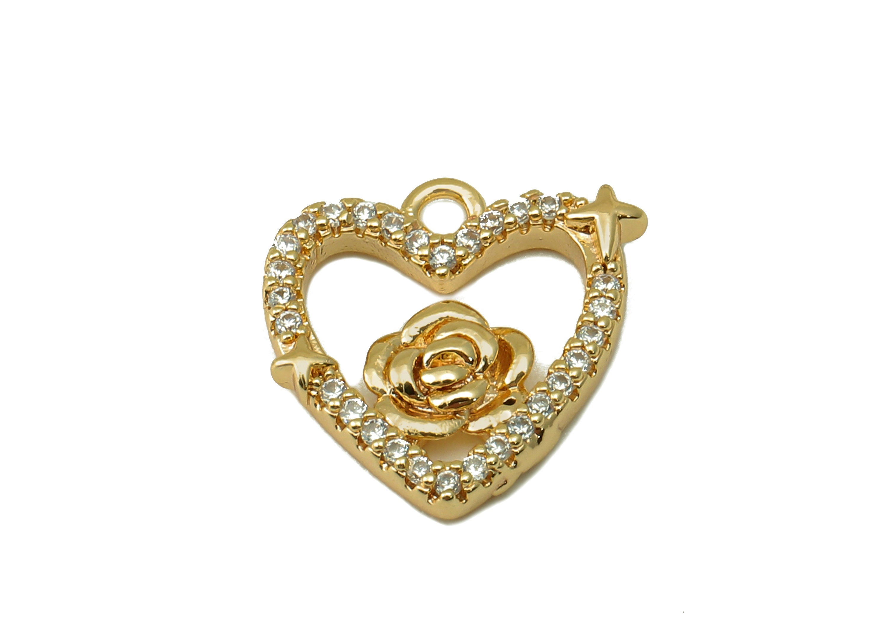 Brass Heart Earring Charm - Brass Cubic Zircon Heart Roes Pendant - CZ Gold Hollow Flower Earring-18K Real Gold Plated-14x13.7x2.6mm-RGP6642 - DOMEDBAZAAR