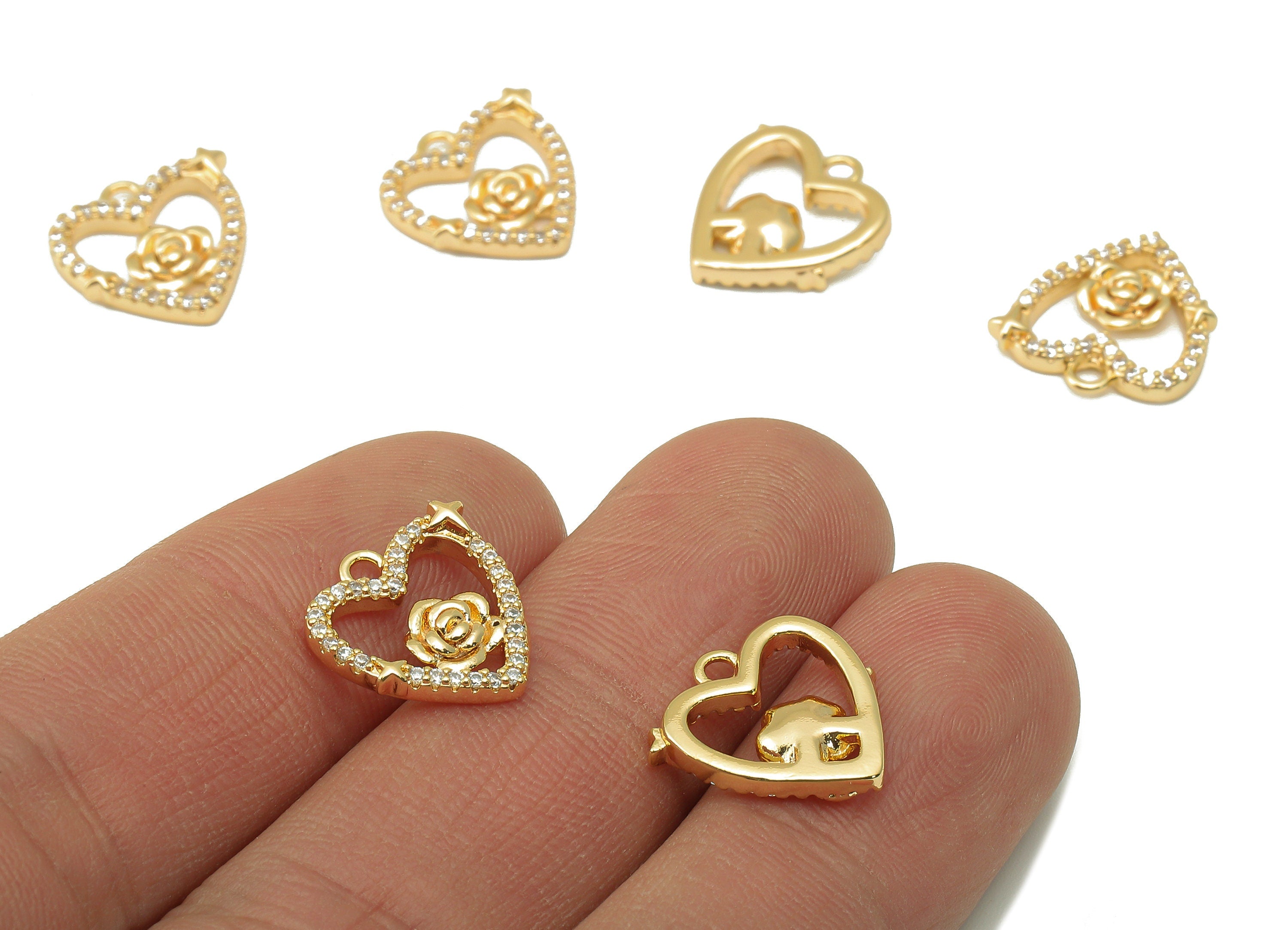 Brass Heart Earring Charm - Brass Cubic Zircon Heart Roes Pendant - CZ Gold Hollow Flower Earring-18K Real Gold Plated-14x13.7x2.6mm-RGP6642 - DOMEDBAZAAR