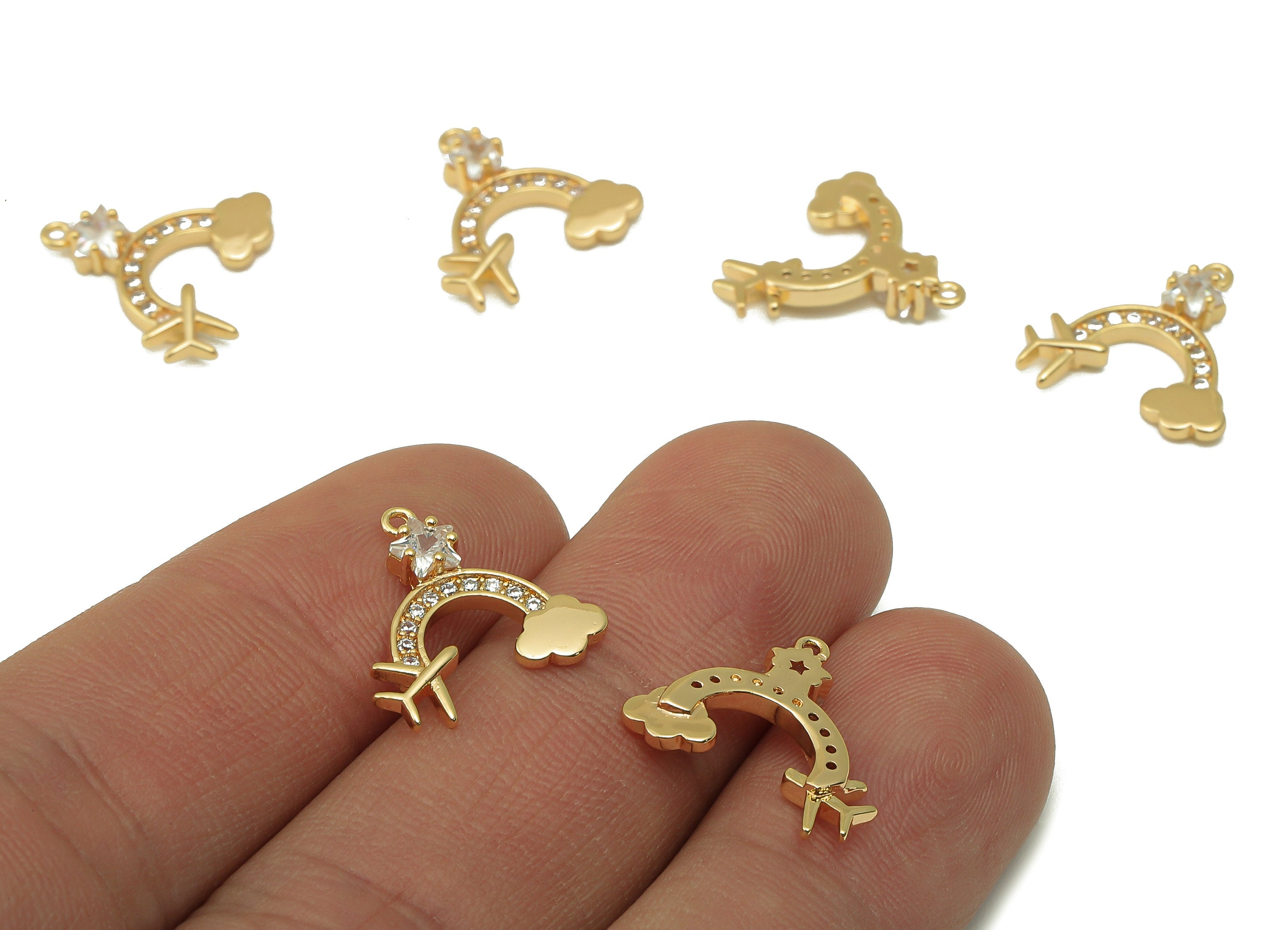 Brass Crescent Earring Charm - Brass Cubic Zircon Airpot Clouds Pendant - CZ Gold Star Earring -18K Real Gold Plated-15x15.5x 3.12mm-RGP6645 - DOMEDBAZAAR