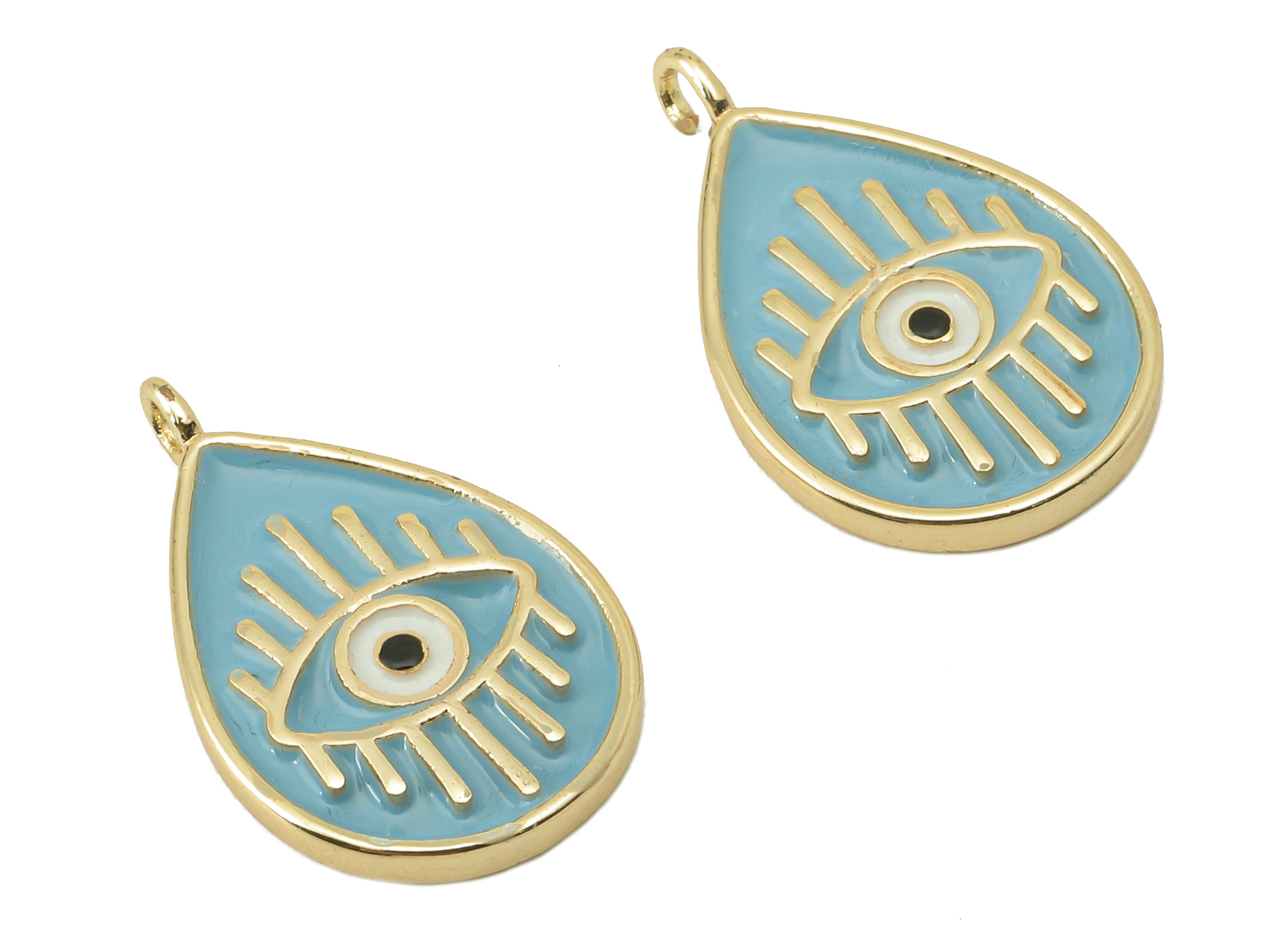 Brass Drop Eye Earring Charm - Brass Blue Enamel Eye Pendant - Eyelash Charm For Necklace - 18K Real Gold Plating-19.28x12.1x 1.72mm-RGP5892 - DOMEDBAZAAR