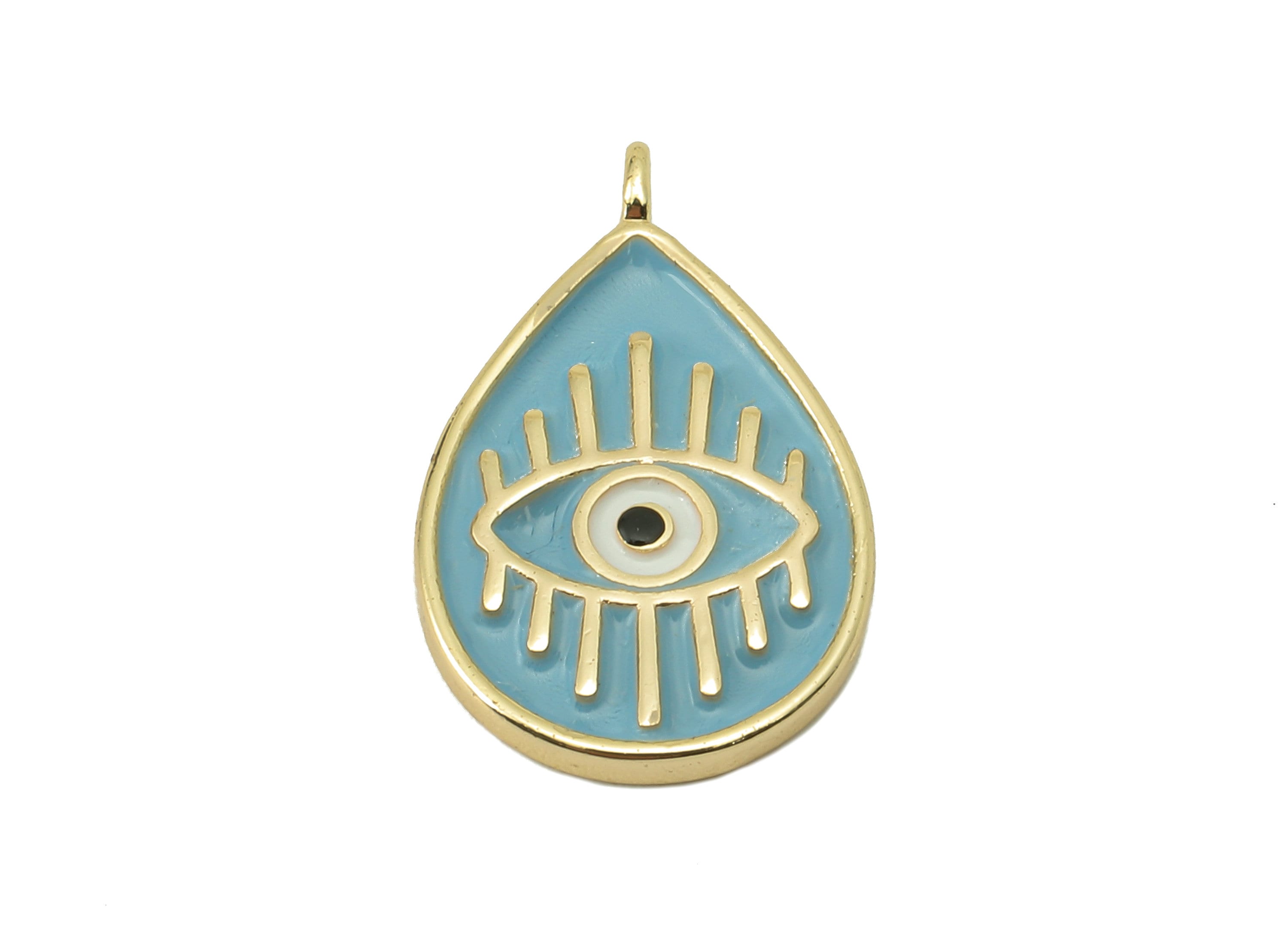 Brass Drop Eye Earring Charm - Brass Blue Enamel Eye Pendant - Eyelash Charm For Necklace - 18K Real Gold Plating-19.28x12.1x 1.72mm-RGP5892 - DOMEDBAZAAR