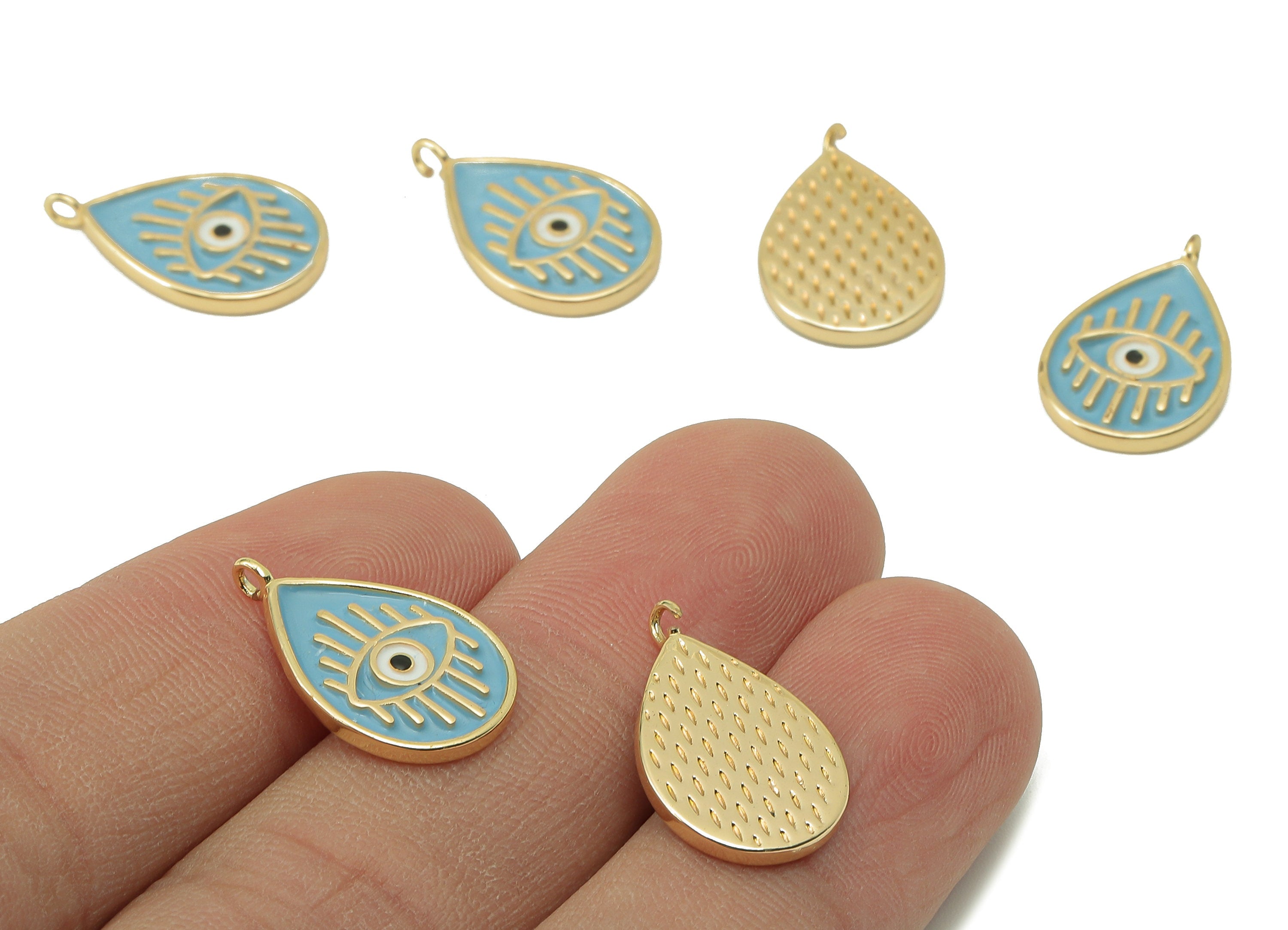 Brass Drop Eye Earring Charm - Brass Blue Enamel Eye Pendant - Eyelash Charm For Necklace - 18K Real Gold Plating-19.28x12.1x 1.72mm-RGP5892 - DOMEDBAZAAR