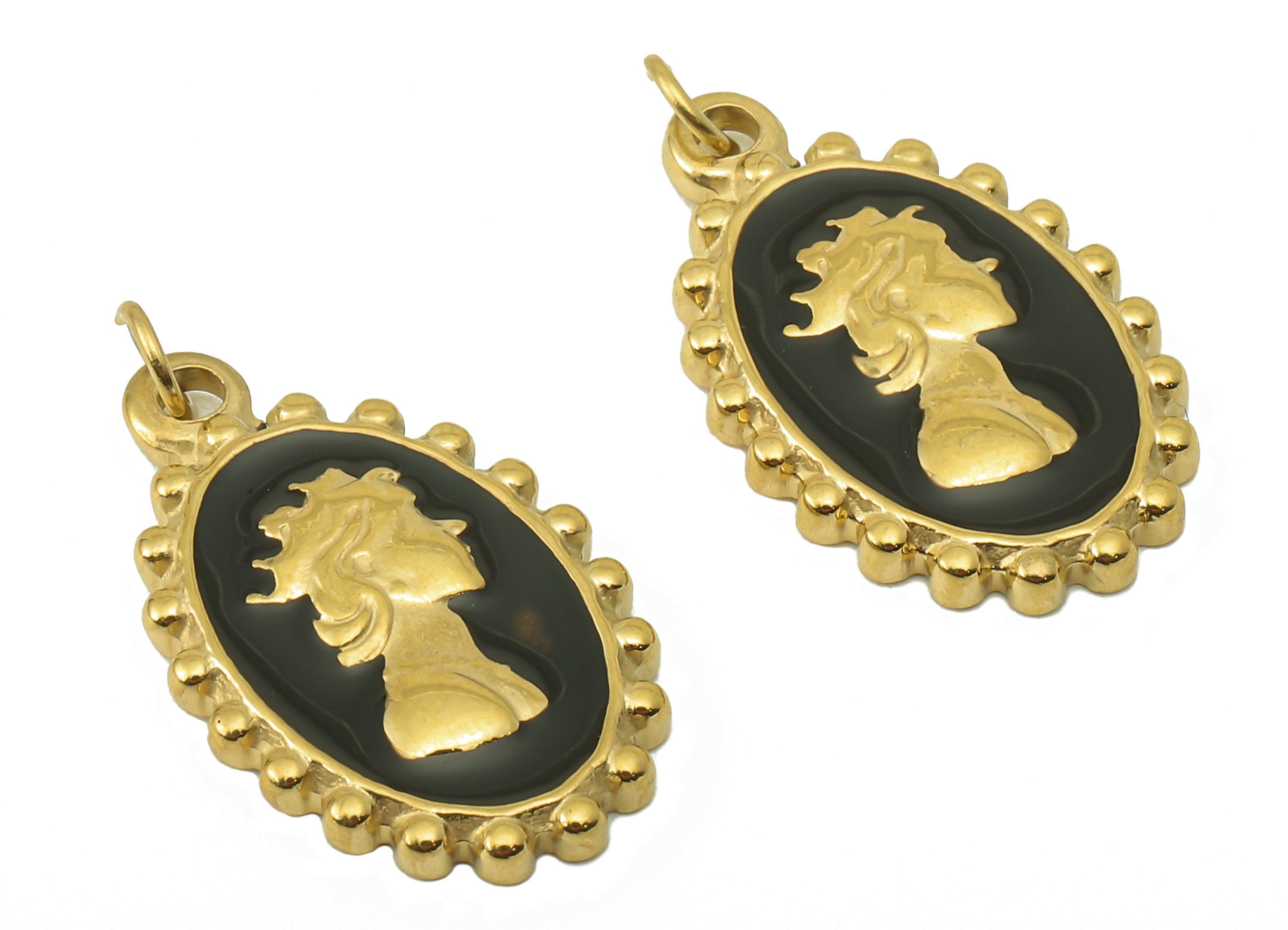 Stainless Steel Oval Portrait Charms with Loop - Enamel Old Loobing Pendant -For Necklace - 18K Real Gold Plating-22.82x12.91x1.94mm-RGP5901 - DOMEDBAZAAR