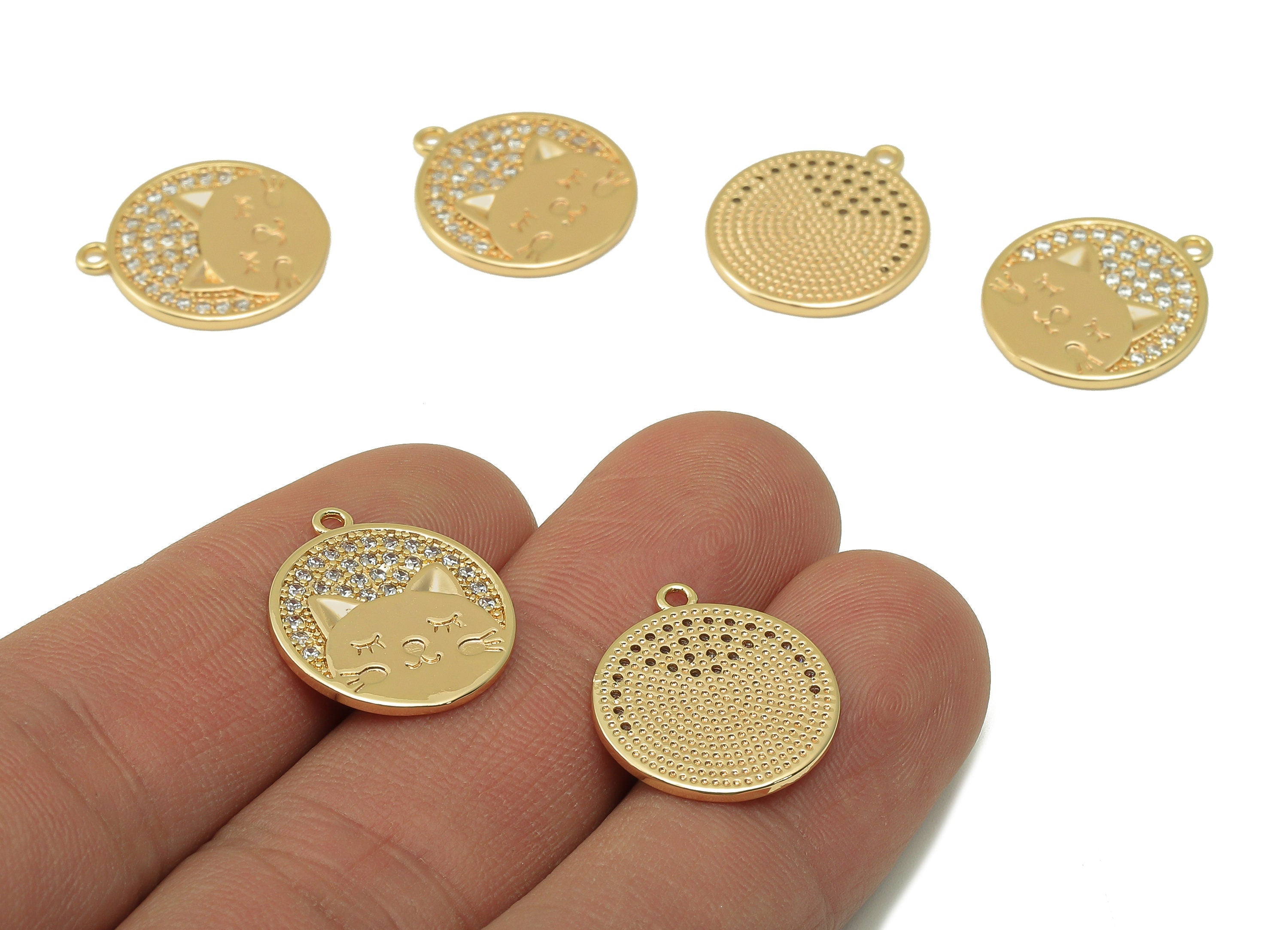 Brass Round Earring Charm - Brass Cubic Zircon Circle Cat - For Necklace - CZ Cat Pendant - Jewelry Making - 18.34x15.97x1.24mm-RGP6650 - DOMEDBAZAAR