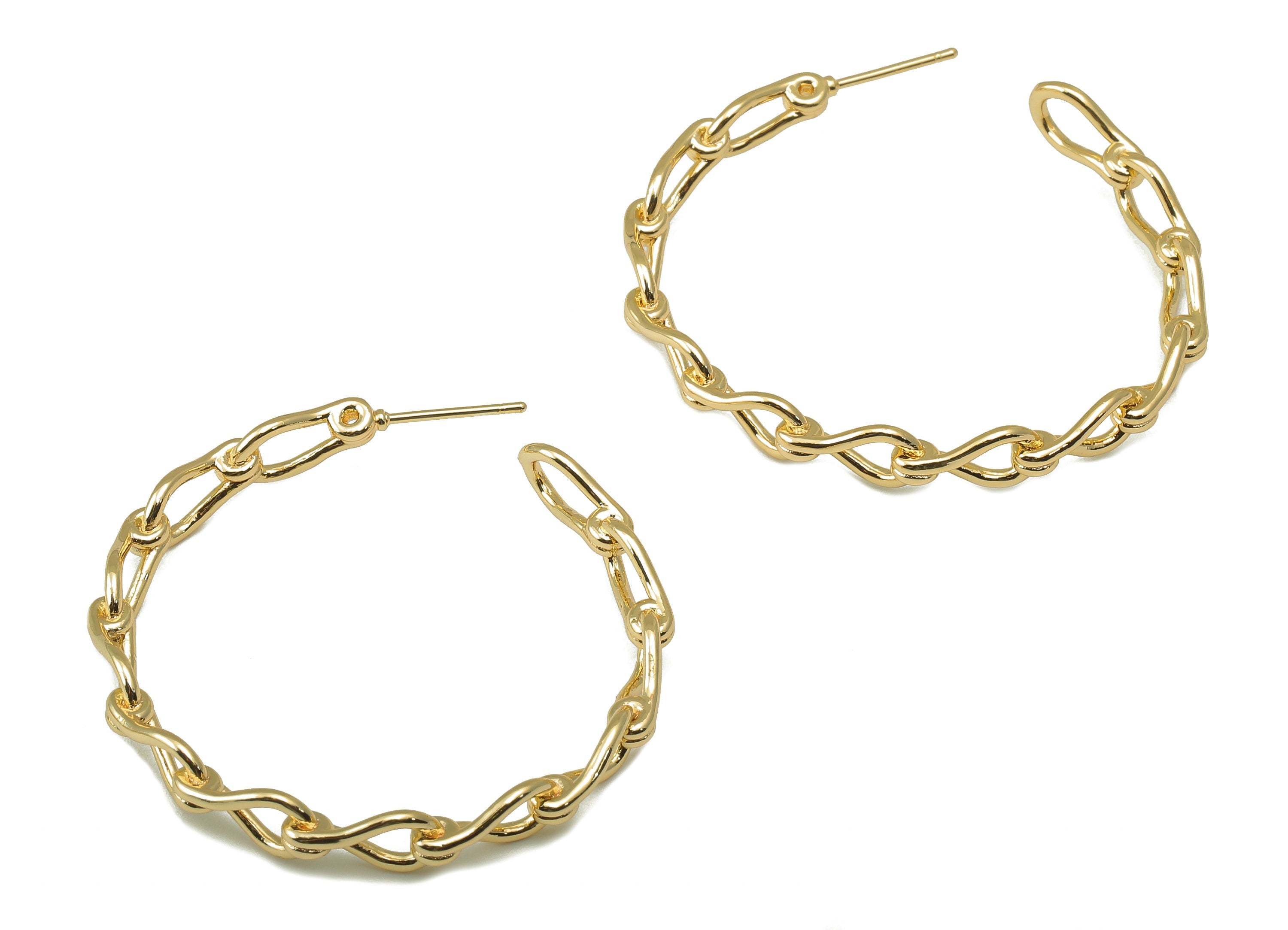 Brass Chain Wire Earrings - Open Hoop Earring Stud - Flexible Twist Chain Stud Earring - 18k real gold-plated brass- 45x46x2mm- RGP6137 - DOMEDBAZAAR