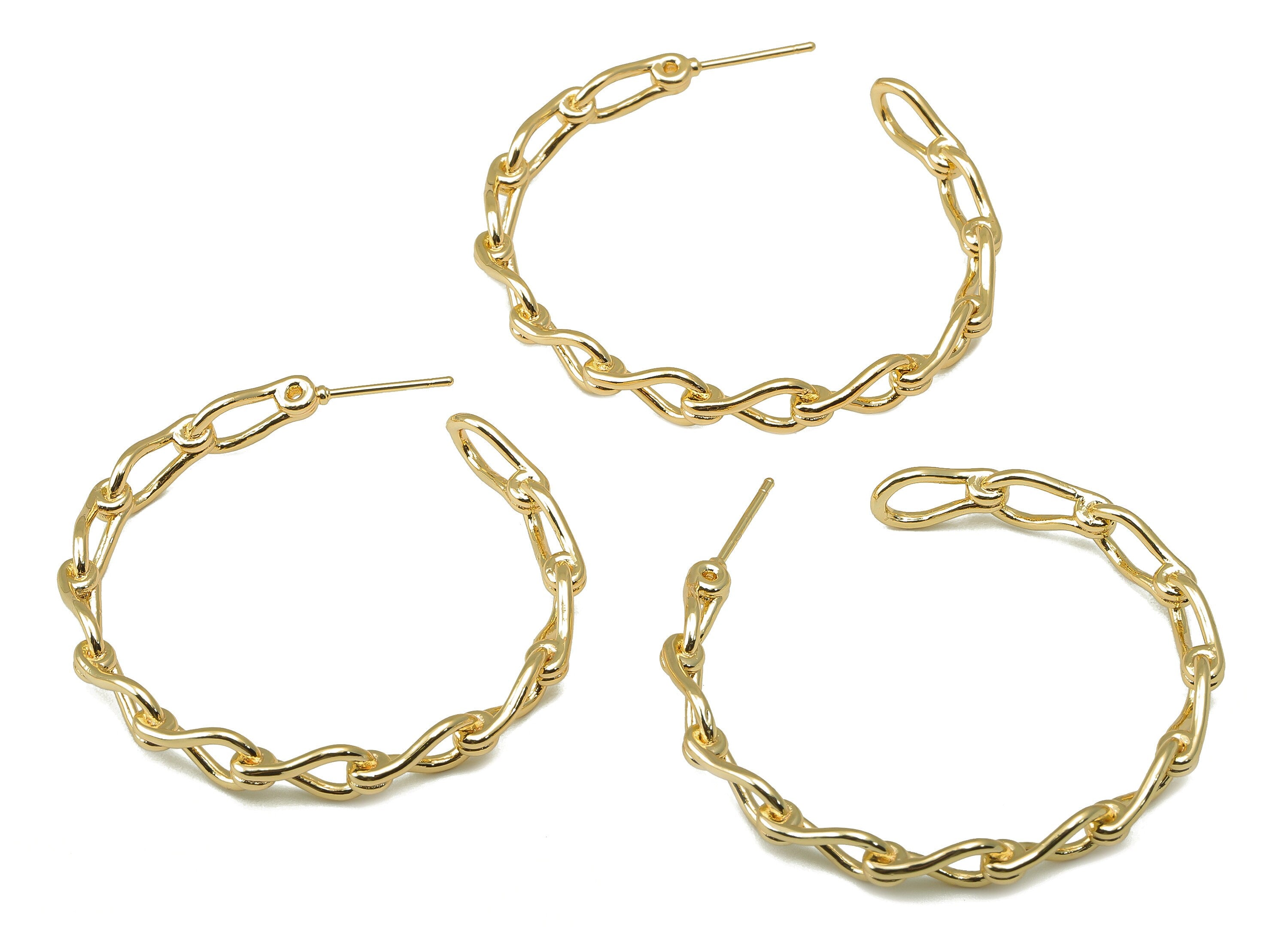 Brass Chain Wire Earrings - Open Hoop Earring Stud - Flexible Twist Chain Stud Earring - 18k real gold-plated brass- 45x46x2mm- RGP6137 - DOMEDBAZAAR