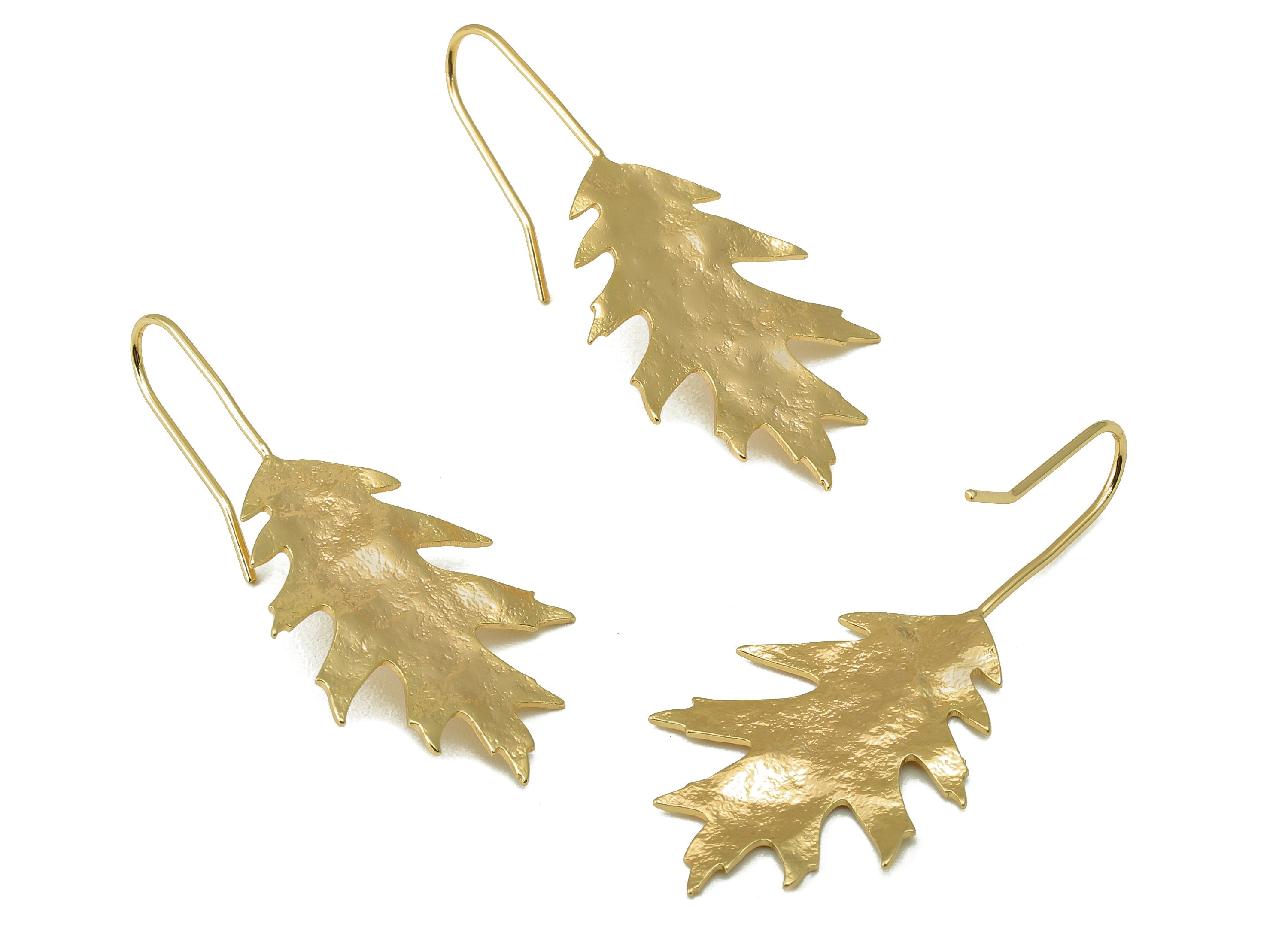 Brass Hammered Leaf Earrings - Gold pin Leaf Earring Wire - 18k real gold-plated brass- Plant Stud - Earring Post -39x19x1mm- RGP6141 - DOMEDBAZAAR