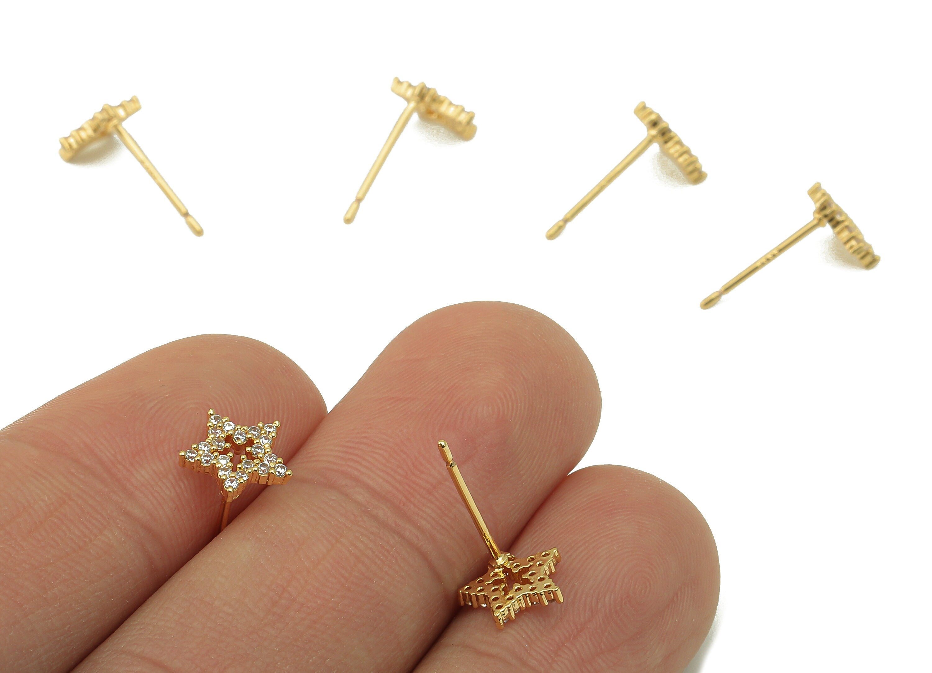 Brass Carved Star Earring Post - Gold Cubic Zirconia Exquisite Star Earring Stud - 18k real gold-plated brass- 14x8x1.4mm- RGP6145 - DOMEDBAZAAR