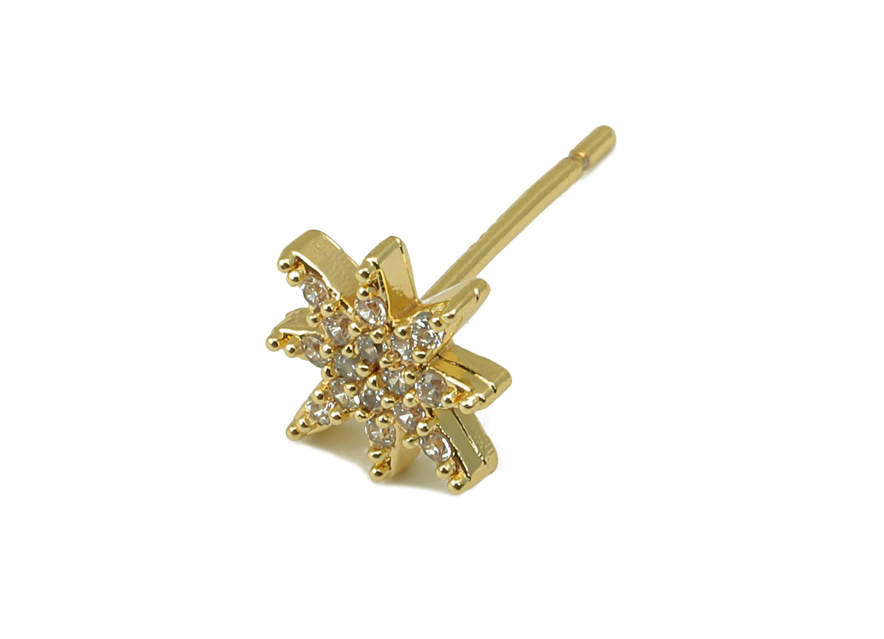 Brass Snowflake Earring Post - Gold Cubic Zirconia Flower Earring Stud -CZ Lightning Stud-18k real gold-plated brass- 14x7x2mm- RGP6146 - DOMEDBAZAAR
