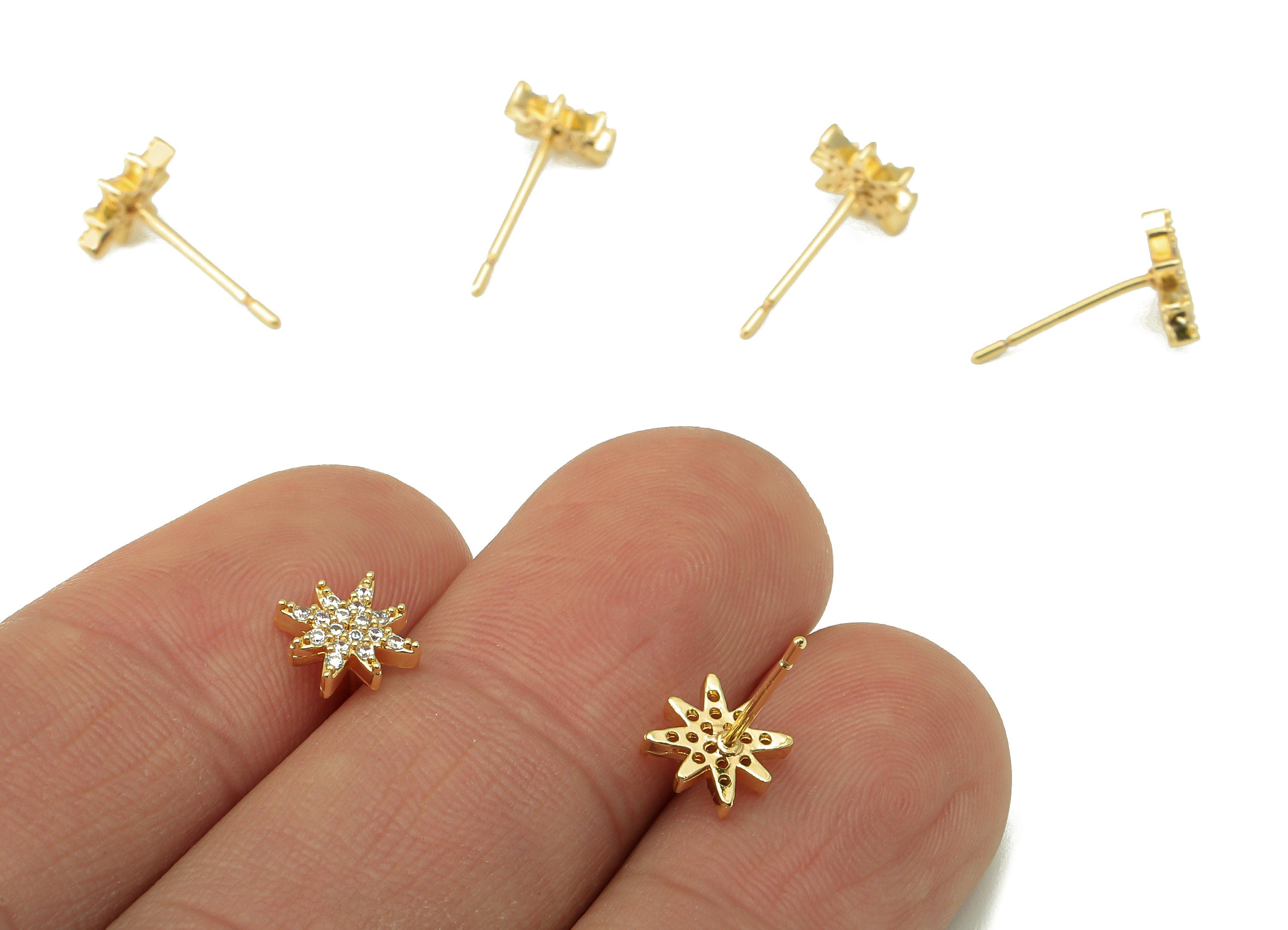 Brass Snowflake Earring Post - Gold Cubic Zirconia Flower Earring Stud -CZ Lightning Stud-18k real gold-plated brass- 14x7x2mm- RGP6146 - DOMEDBAZAAR