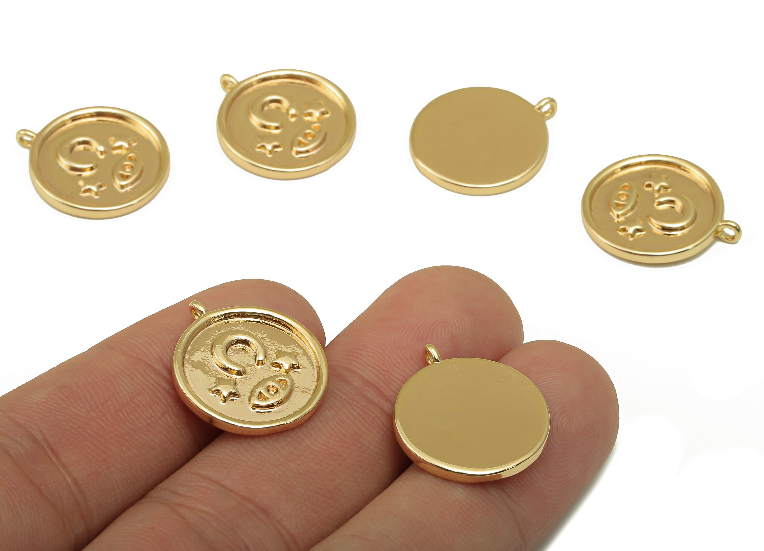 Brass Round Earring Charm - Brass Crescent Star Earrings - Gold Eye Pendant - For Necklace - Jewelry Making - 20.03x 17.43x 1.76mm-RGP6664 - DOMEDBAZAAR
