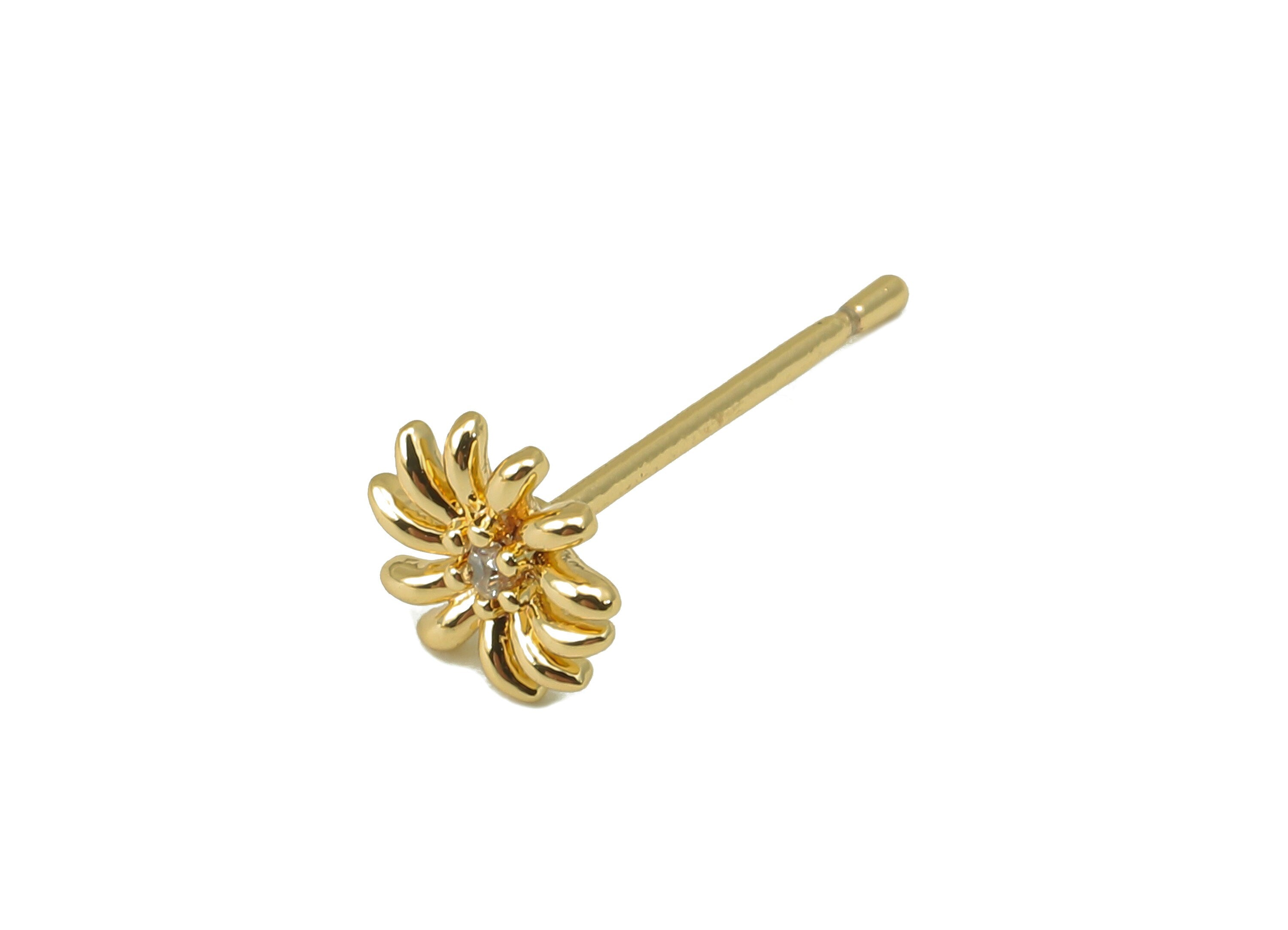Brass Flower Earrings Stud - Gold Daisy with Cubic Zirconia Earring Post - Stud Earring - 18k real gold-plated brass-14x6x1.8mm- RGP6150 - DOMEDBAZAAR