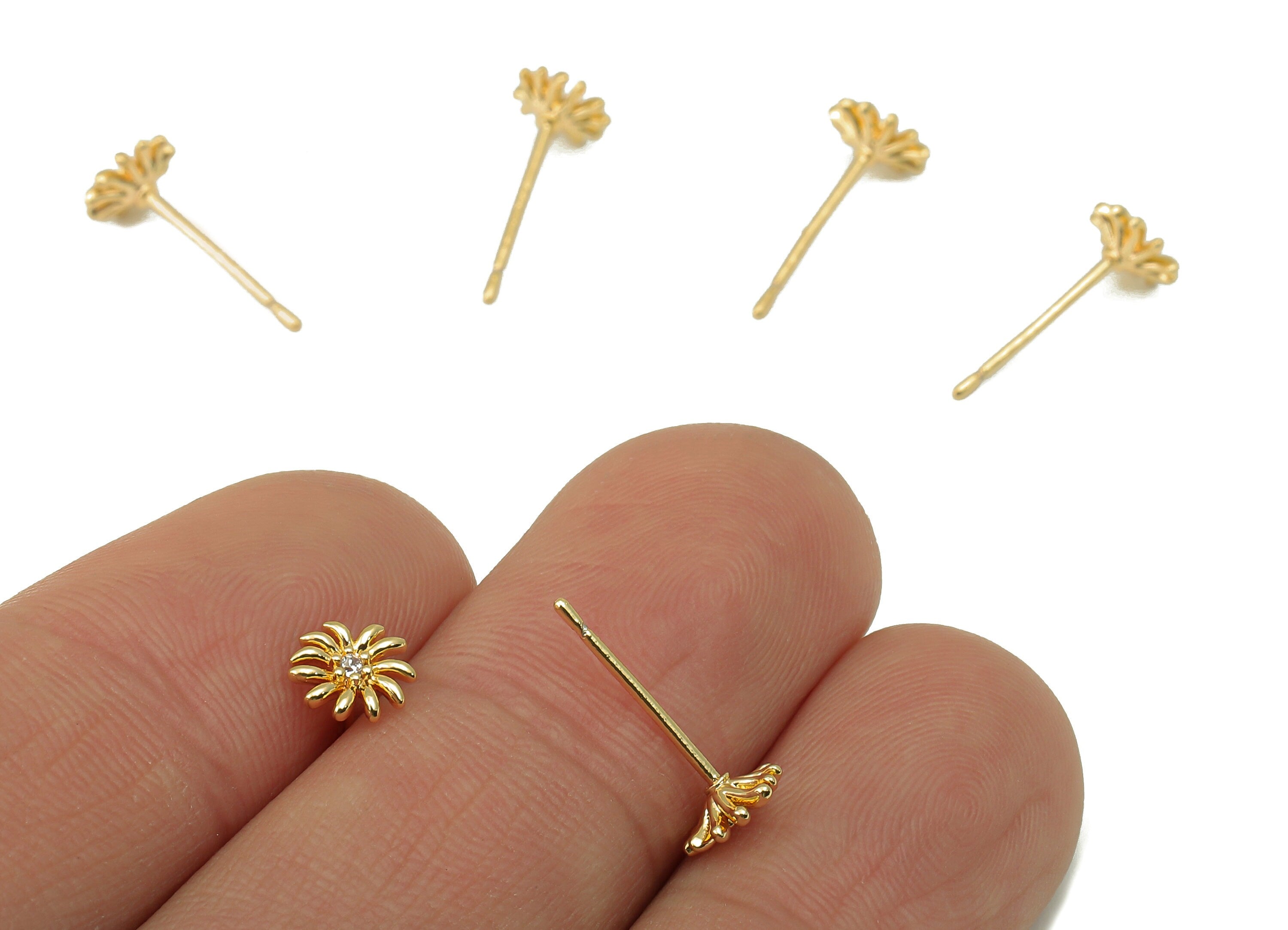Brass Flower Earrings Stud - Gold Daisy with Cubic Zirconia Earring Post - Stud Earring - 18k real gold-plated brass-14x6x1.8mm- RGP6150 - DOMEDBAZAAR