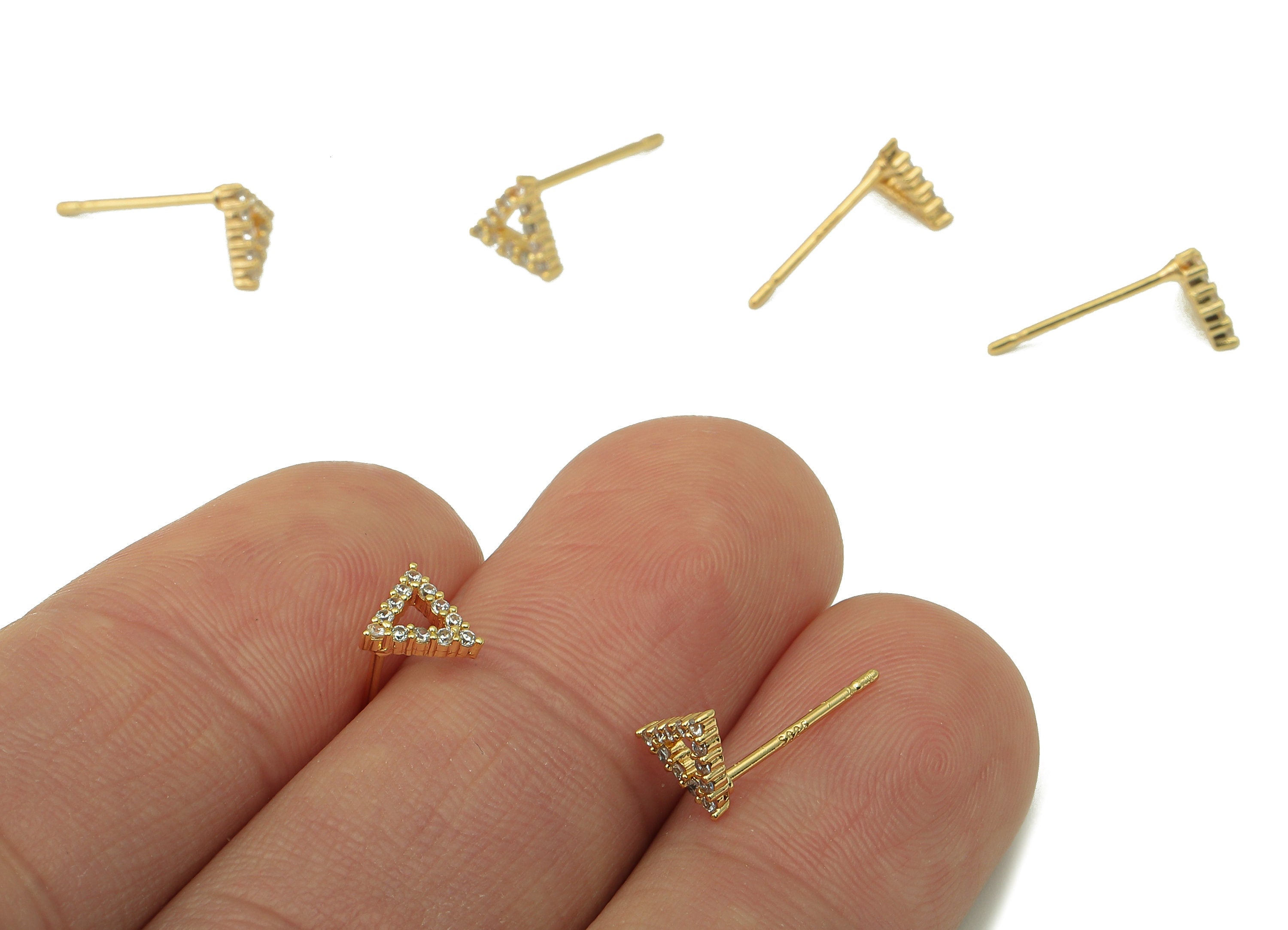 Brass Carved Triangle Earring Post - Gold Cubic Zirconia Triangle Earring Stud -CZ Stud-18k real gold-plated brass- 9x7x2mm- RGP6151 - DOMEDBAZAAR
