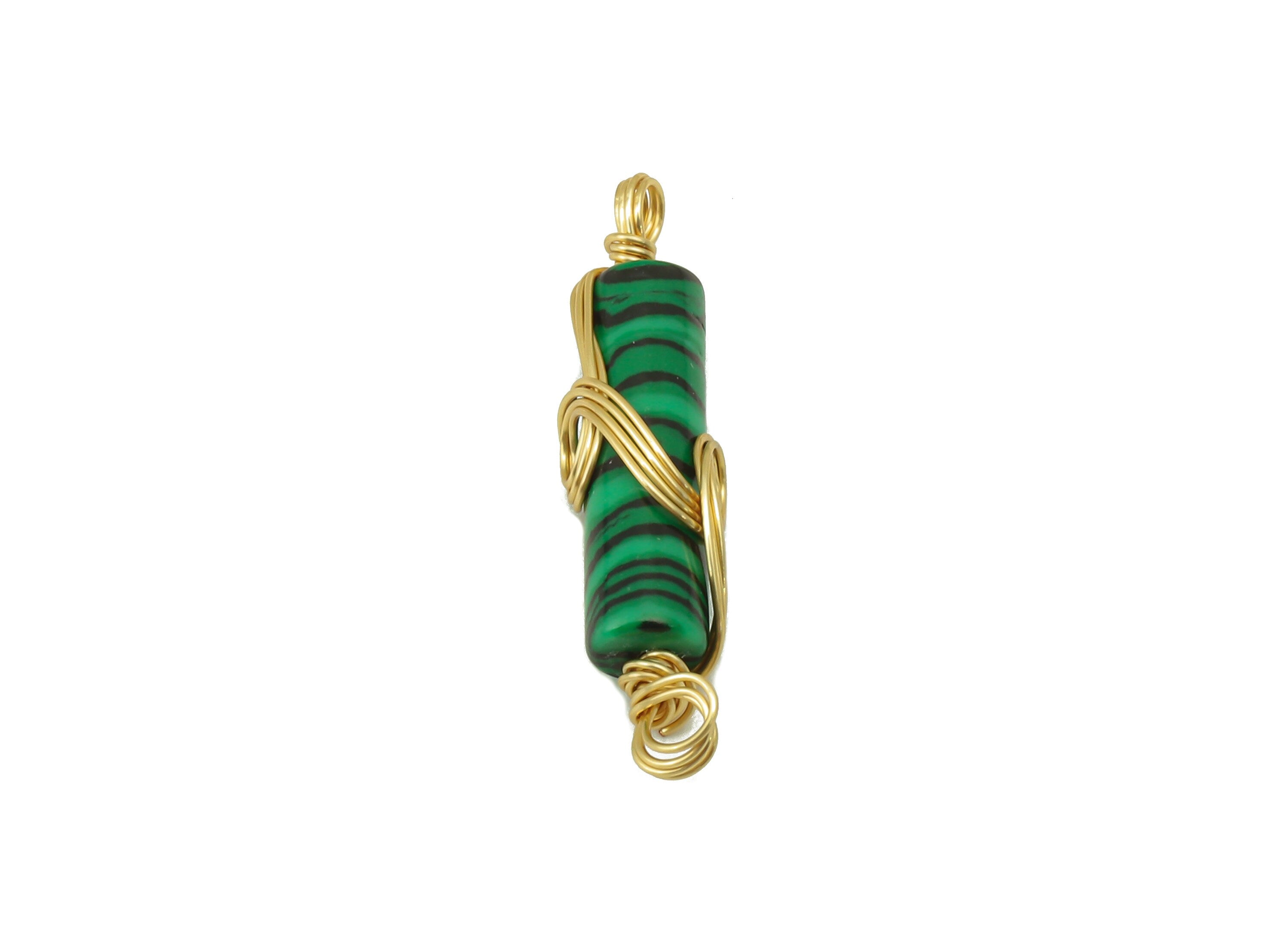 Natural Stone Earring Charm - Brass Wire Wrapped Pendant - Green Cylinder Natural Stone Connector - Gold Tone Plated -22x4.78x3.96mm-NS1894D - DOMEDBAZAAR