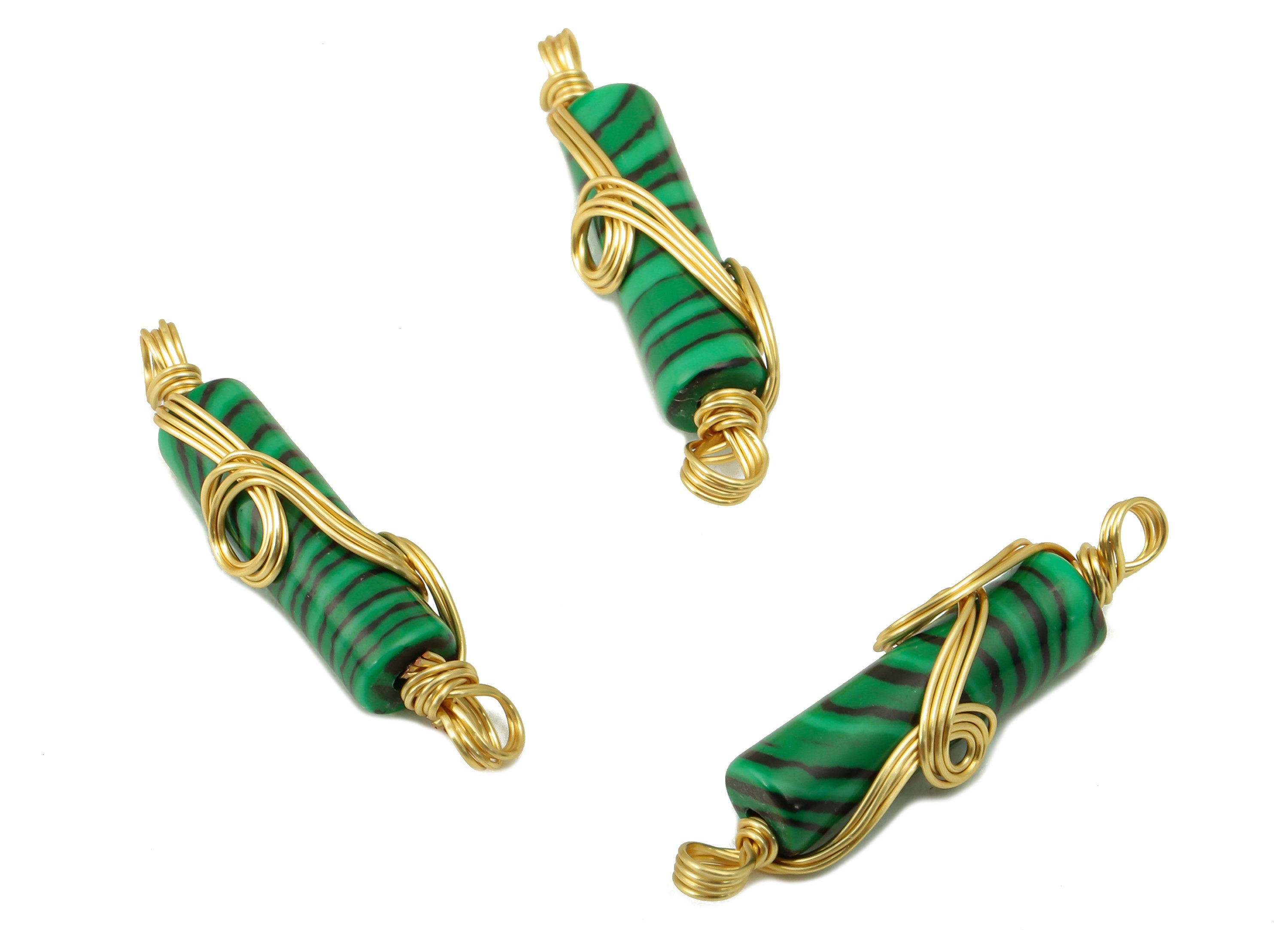 Natural Stone Earring Charm - Brass Wire Wrapped Pendant - Green Cylinder Natural Stone Connector - Gold Tone Plated -22x4.78x3.96mm-NS1894D - DOMEDBAZAAR