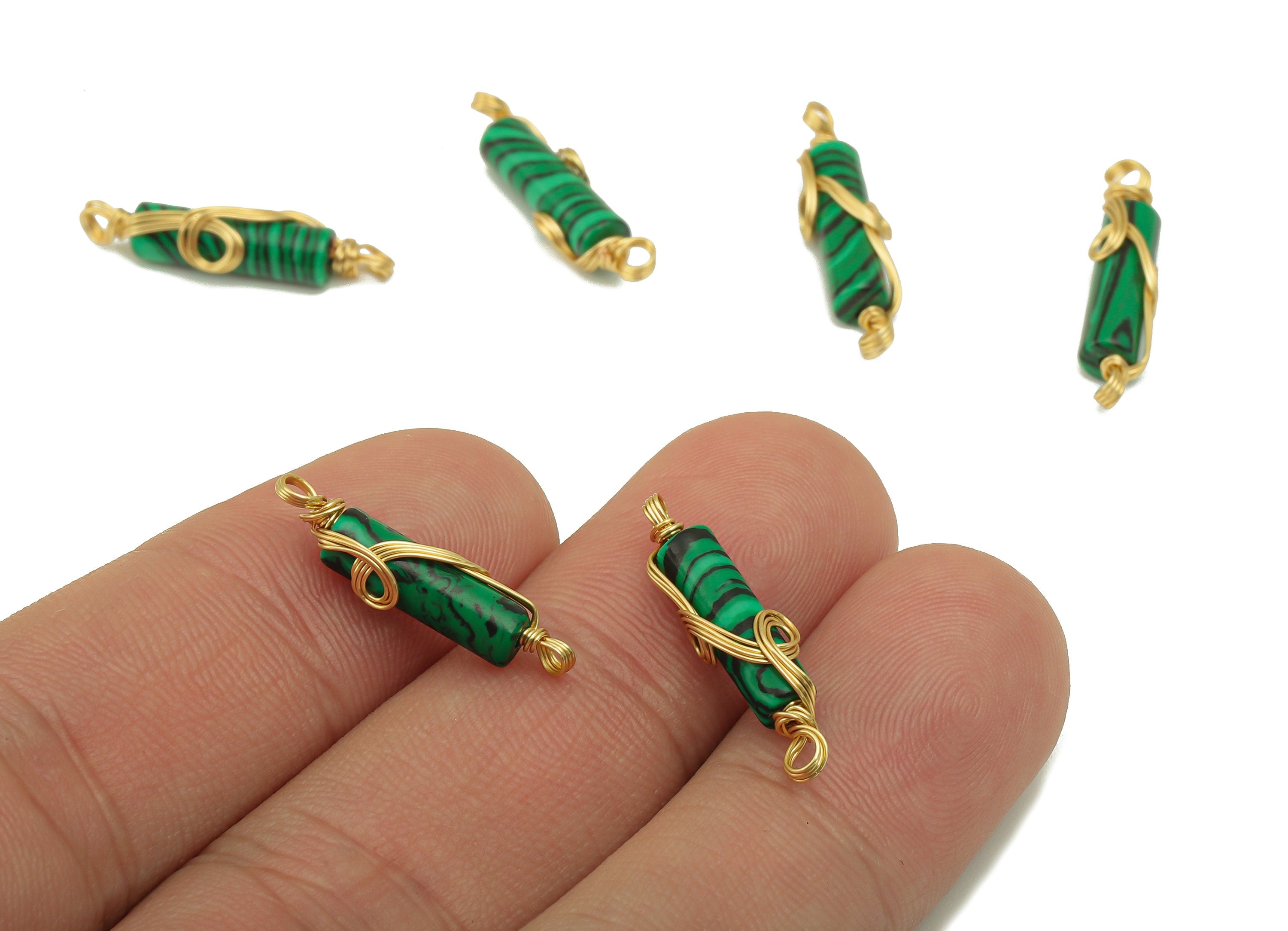 Natural Stone Earring Charm - Brass Wire Wrapped Pendant - Green Cylinder Natural Stone Connector - Gold Tone Plated -22x4.78x3.96mm-NS1894D - DOMEDBAZAAR