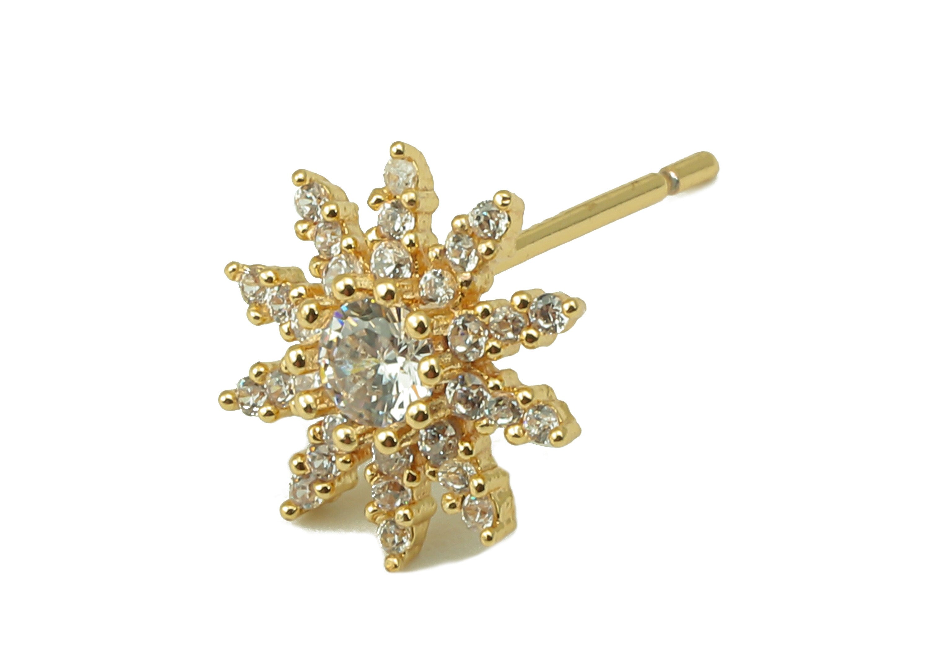 Brass Sunflower Earring Stud - Suspension Cubic Zirconia Flower Earring Post - Stud Earring - 18k real gold-plated brass-10x10x3mm- RGP6154 - DOMEDBAZAAR