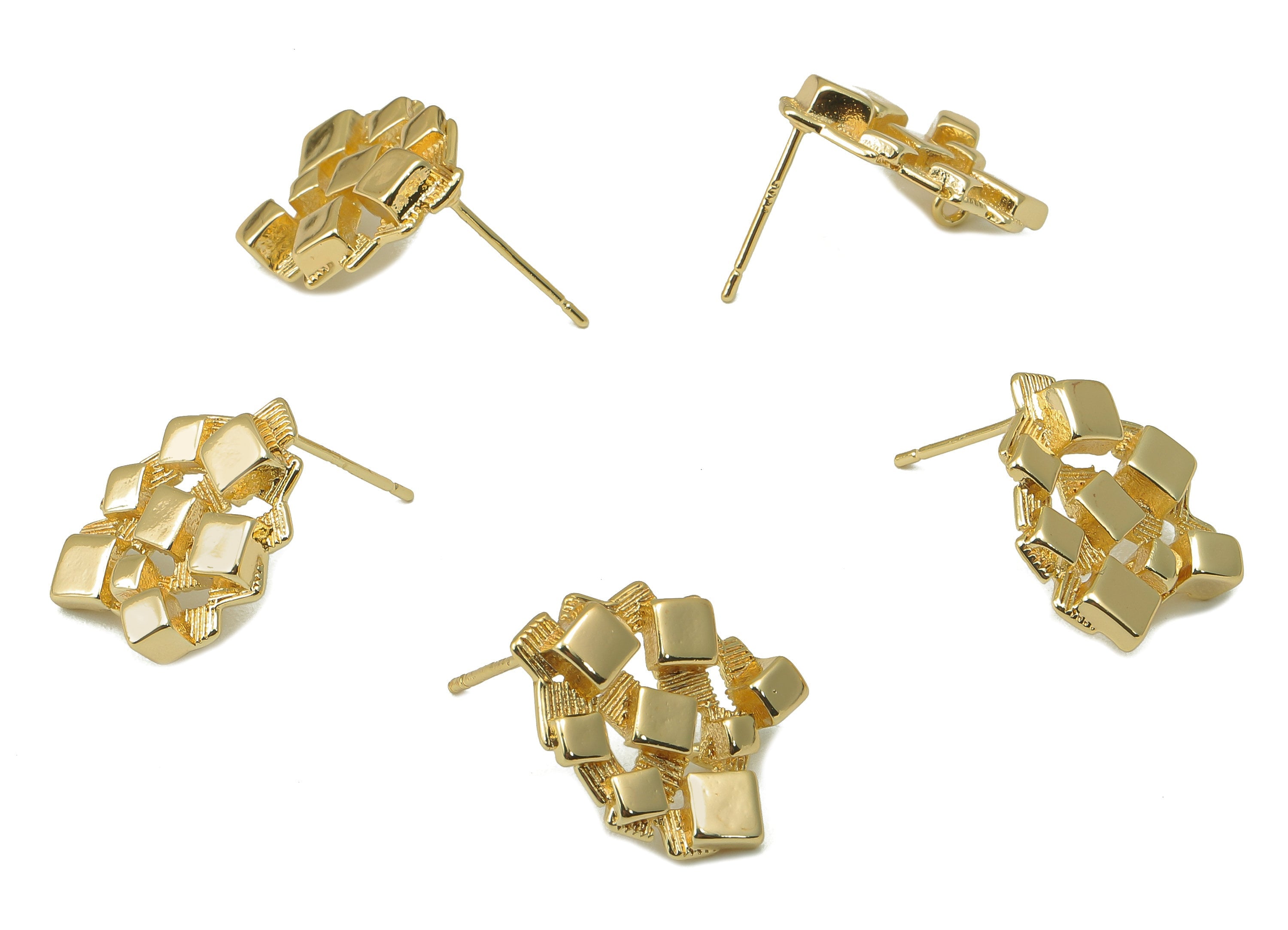 Brass Woven Square Earring - Suspension Textured Square Earring Post with Loop - DIY Stud - 18k real gold-plated brass-17x14x3mm- RGP6157 - DOMEDBAZAAR