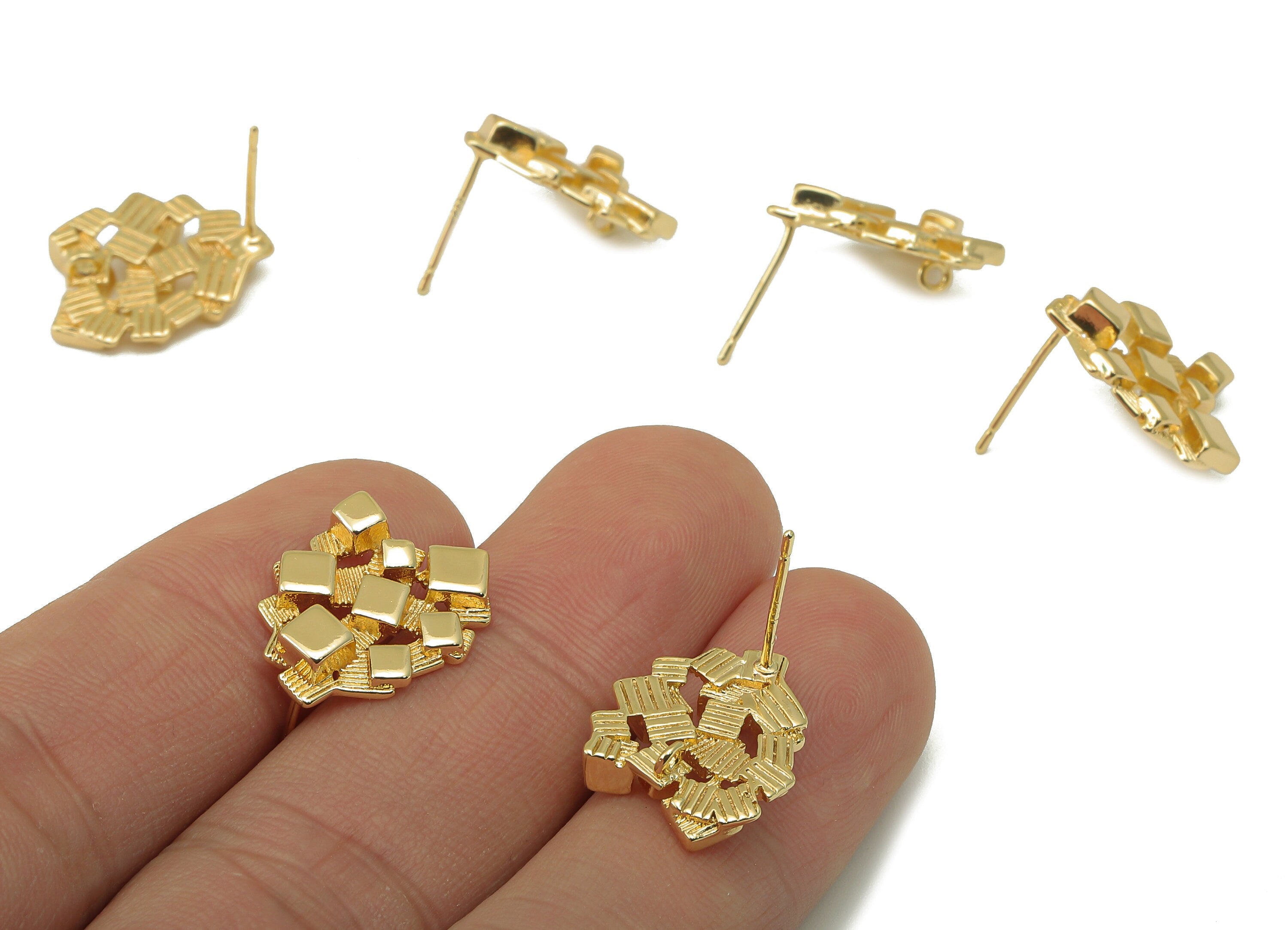 Brass Woven Square Earring - Suspension Textured Square Earring Post with Loop - DIY Stud - 18k real gold-plated brass-17x14x3mm- RGP6157 - DOMEDBAZAAR