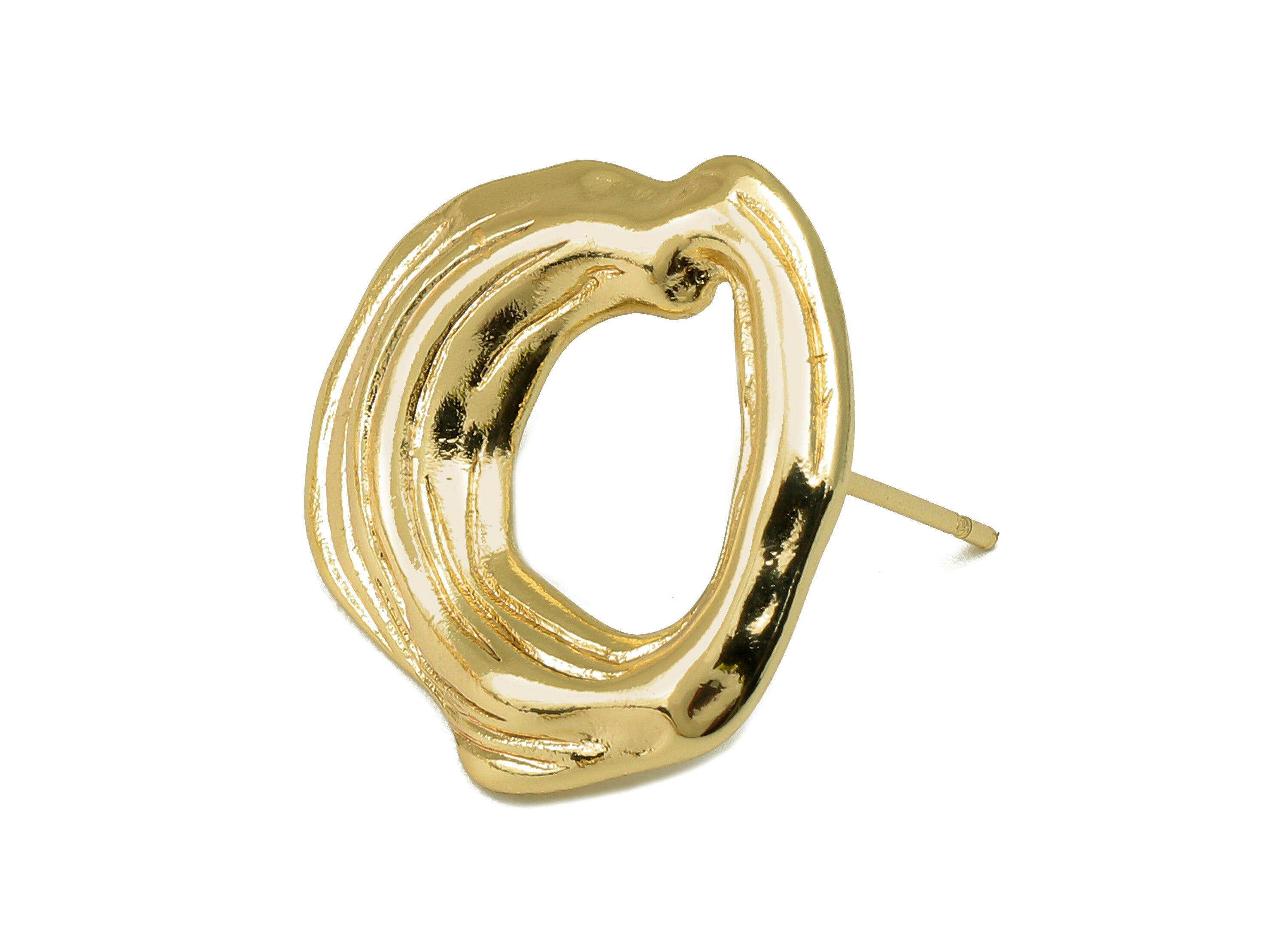 Brass Irregular Stud Earring - Textured Circle Earring with Loop - Wavy Round Earring Post - 18K Real Gold Plating-21x19x1mm-RGP6172 - DOMEDBAZAAR