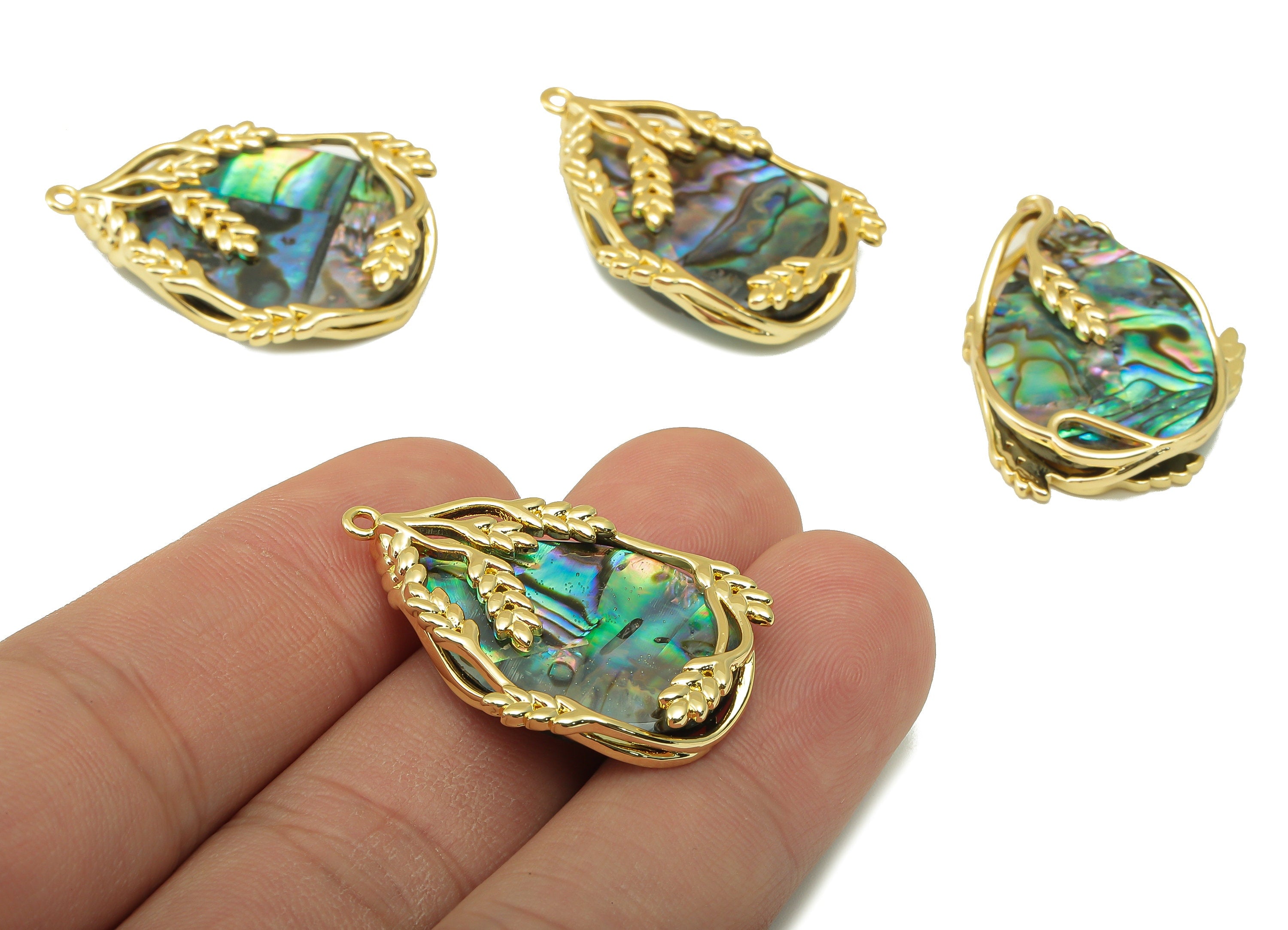 Abalone Earring Charm - Abalone Pedant - Ear of Wheat Earring Charm - Natural Stone - Gold Tone Plated - 31.7 x 22.77 x 3.29mm-NS1905 - DOMEDBAZAAR