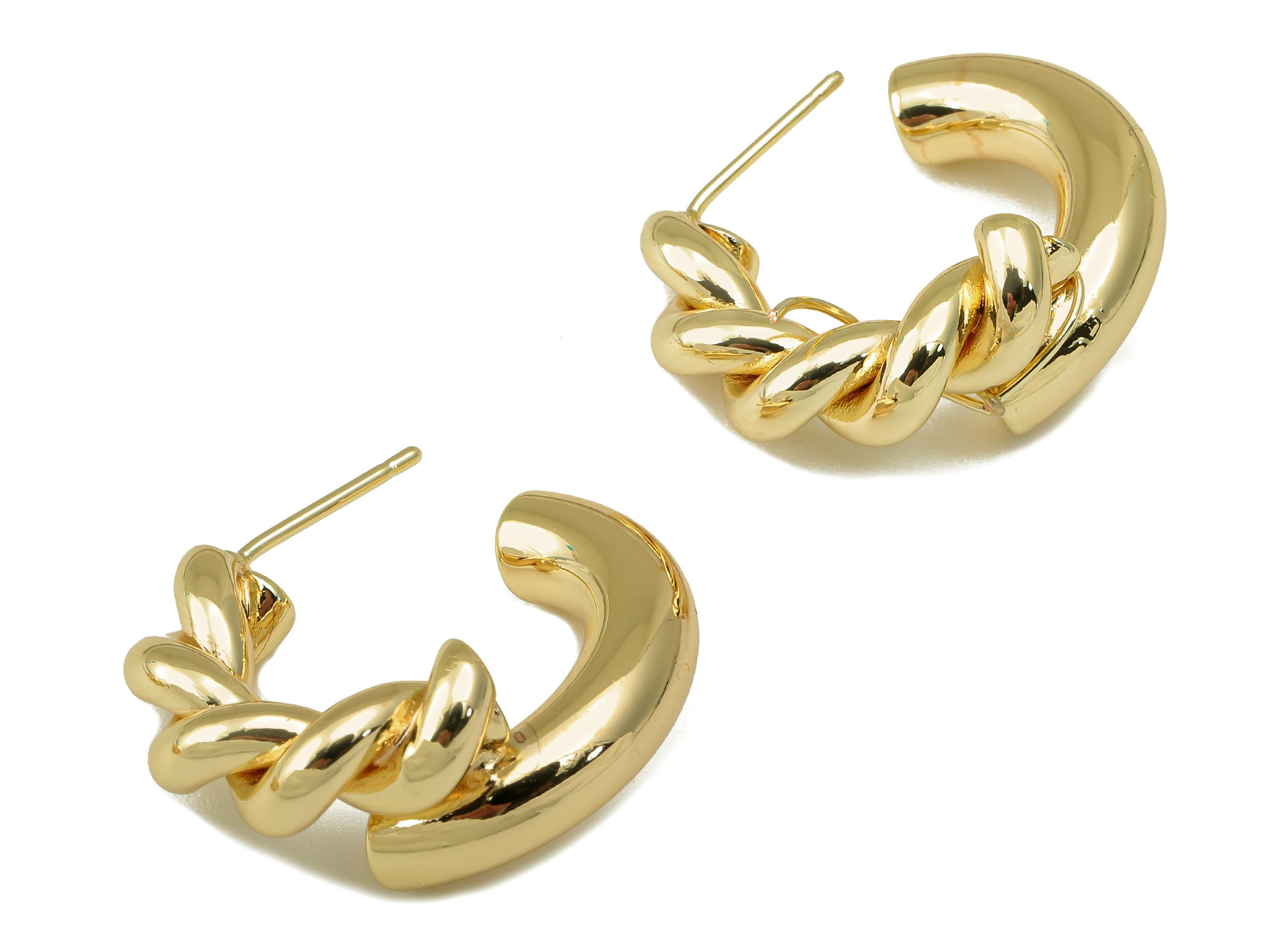 Brass C Earring Stud - Open Hoop Earring - Gold Twisted Earring Post- Halfmoon Twist Earrings-18k real gold-plated brass-25x25x5mm- RGP6176 - DOMEDBAZAAR