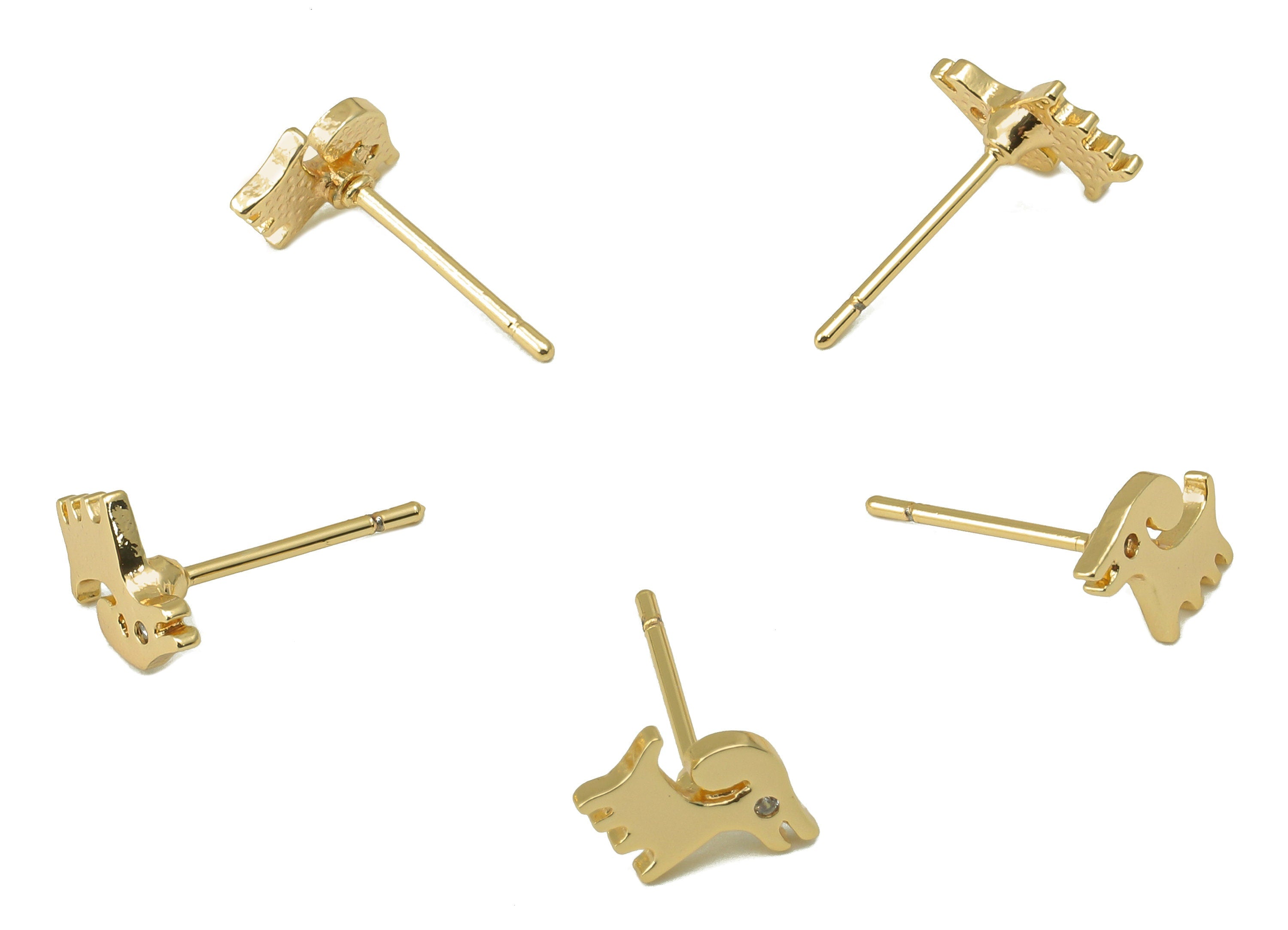Brass Mini Dog Earring Stud - Gold Dog with Cubic Zirconia Earring Post- 18K Real Gold Plated -Animal Earring Findings- 10x7x1mm- RGP6179 - DOMEDBAZAAR