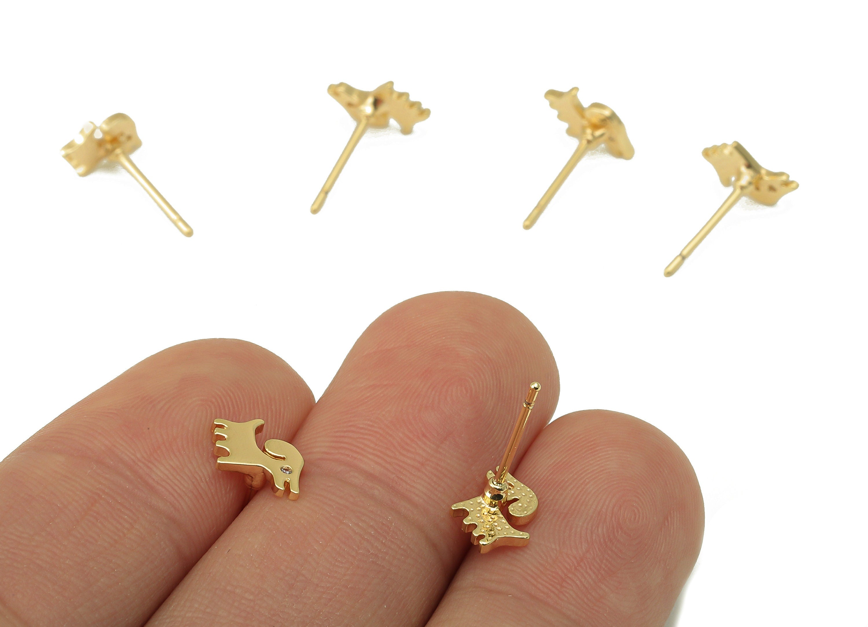 Brass Mini Dog Earring Stud - Gold Dog with Cubic Zirconia Earring Post- 18K Real Gold Plated -Animal Earring Findings- 10x7x1mm- RGP6179 - DOMEDBAZAAR