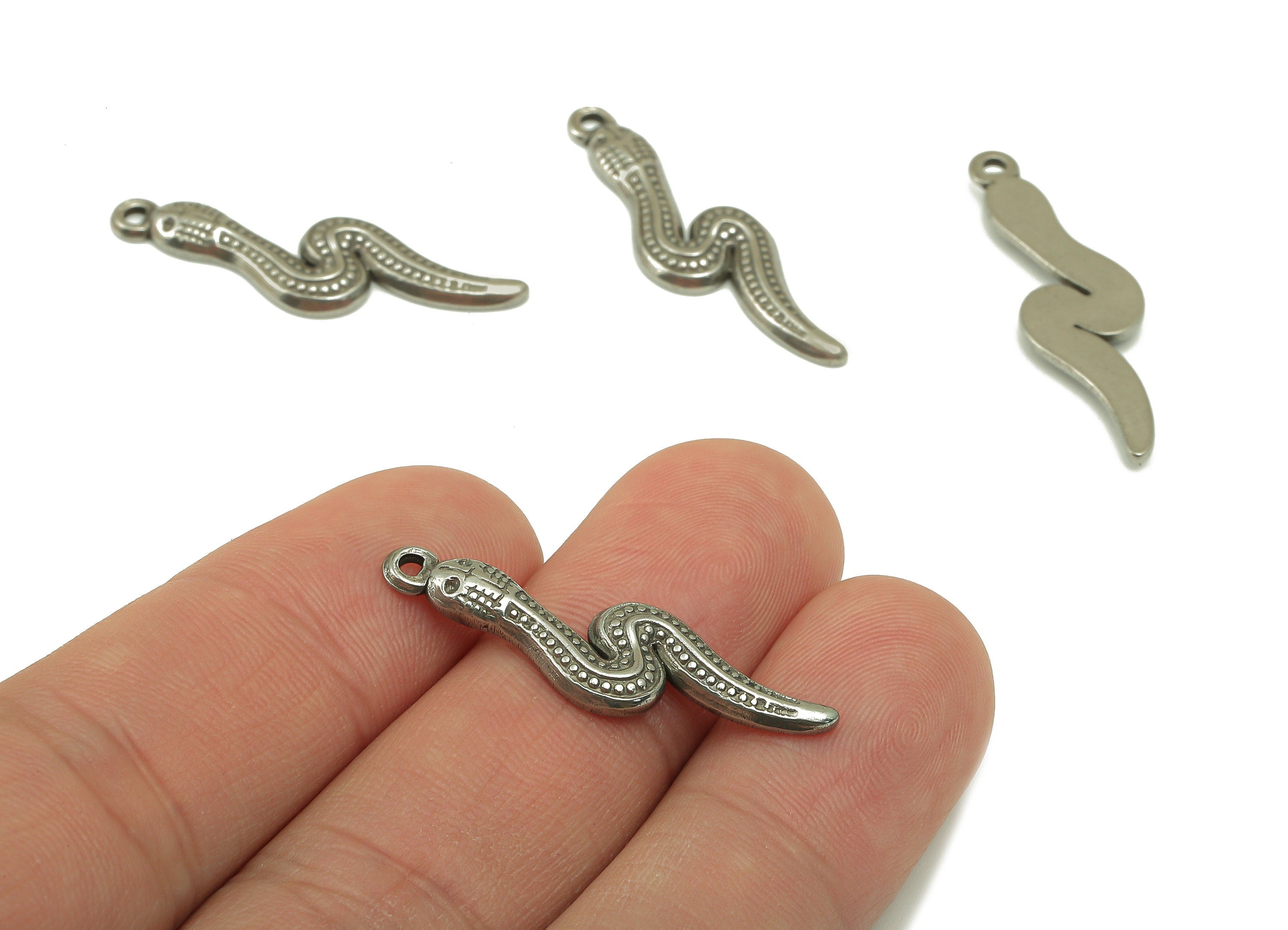 Stainless Steel Snake Earring Charms - Stainless Steel Baby Snake - Mini Dot Small Snake Pendant - Textured Animal Charm -32x10x2mm - SS1423 - DOMEDBAZAAR