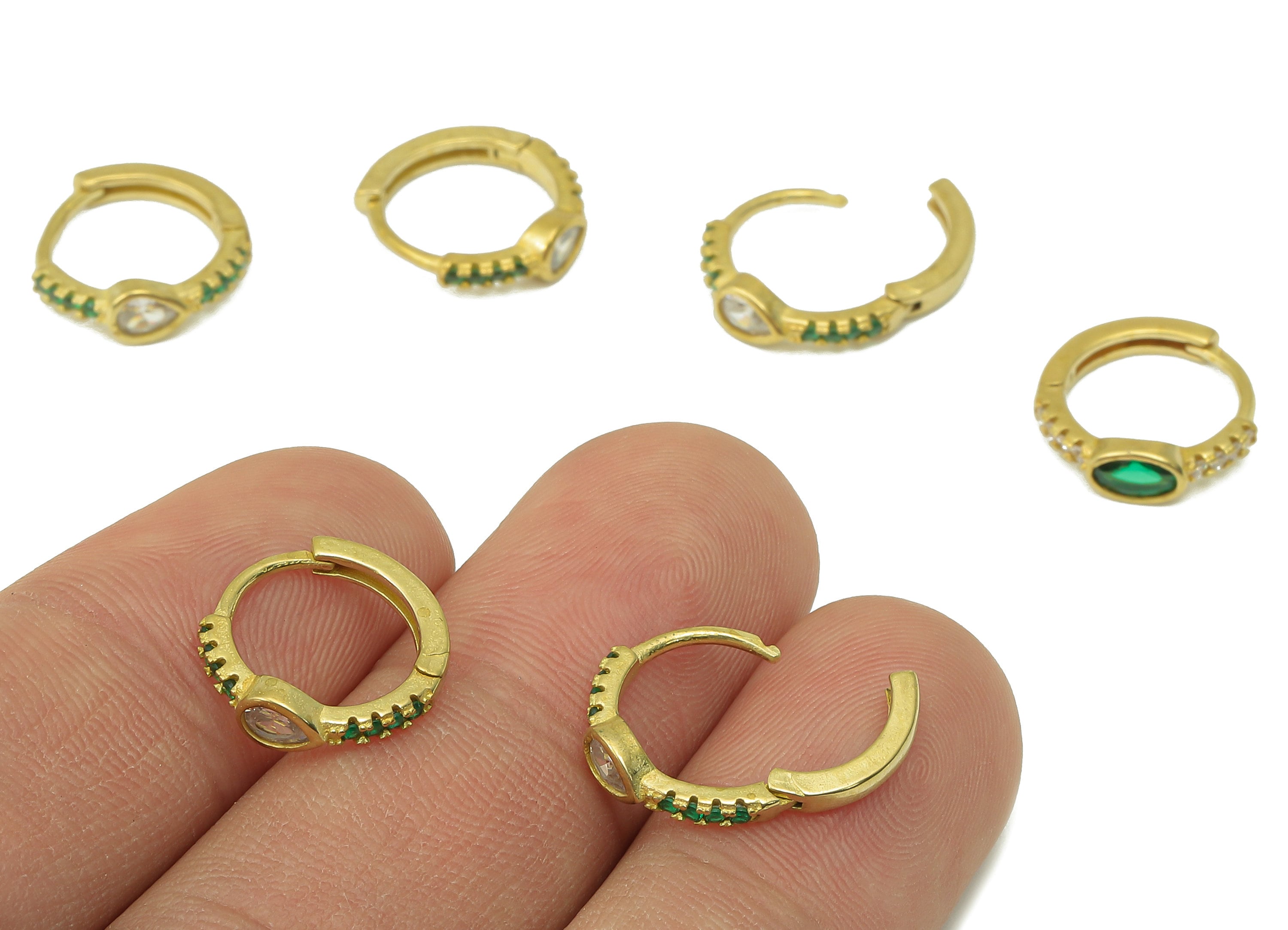 Raw Brass Zircon Drop Huggies Hoop Earrings - Green Dainty Pear Huggie with Open Ring – Small Clasp Hoop Earrings-13.72x13.02x2.25mm- PP8283 - DOMEDBAZAAR