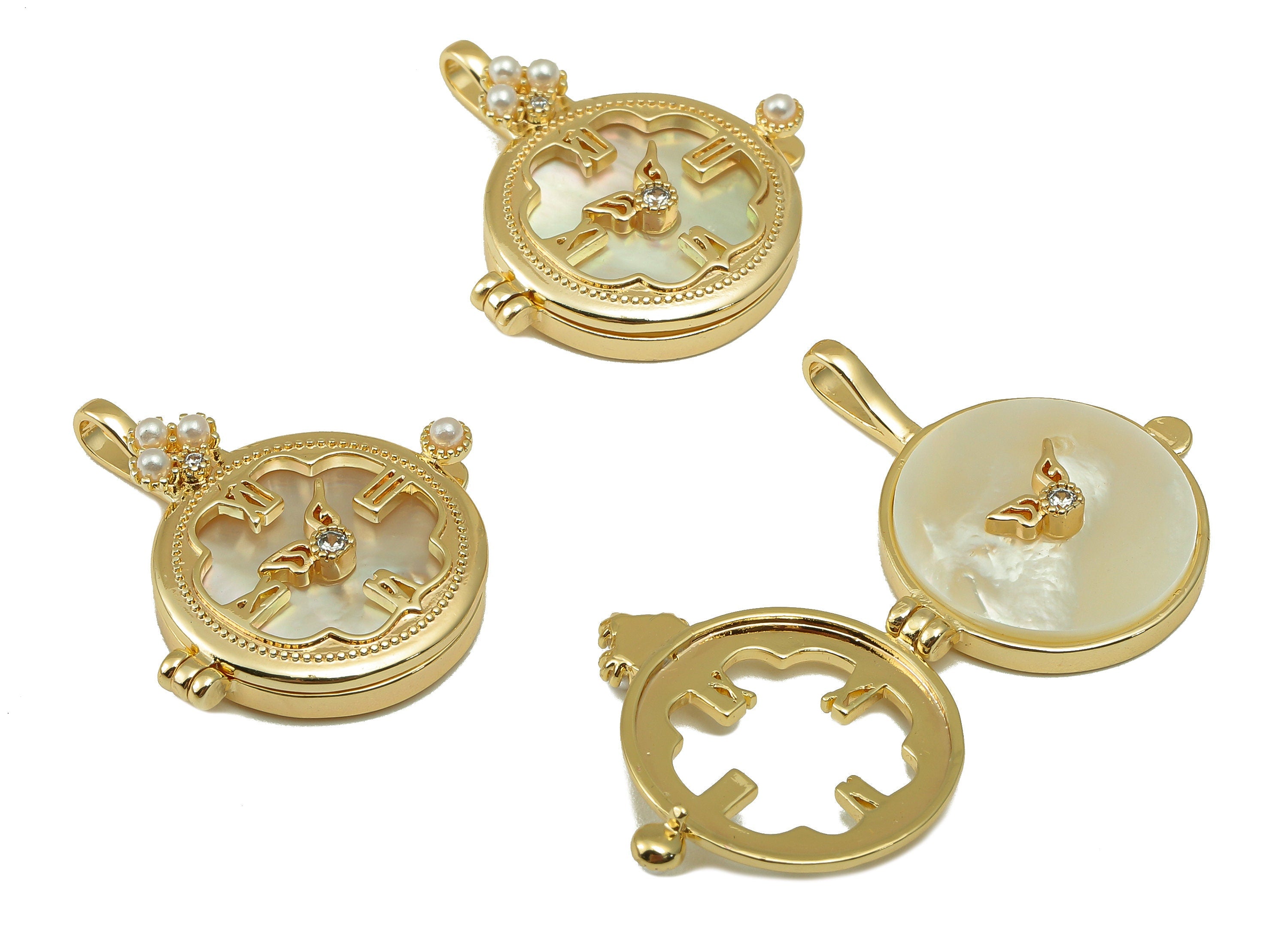 Brass Round Clock Earring Charm - Brass Cubic Zircon Shell Pendant - Star Wing Charm - 18K Real Gold Plated-Jewelry Making-27x24x5mm-RGP6621 - DOMEDBAZAAR