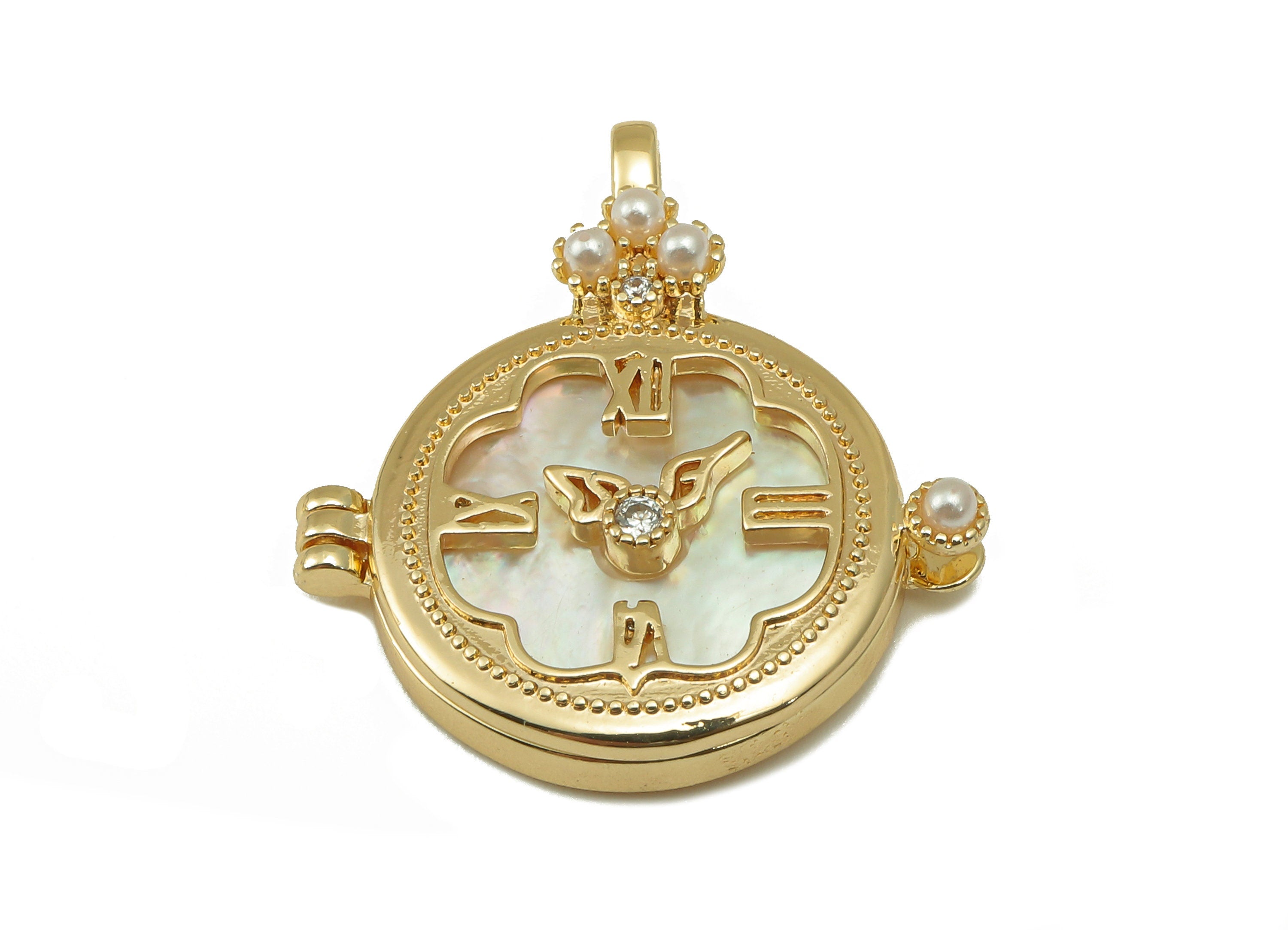 Brass Round Clock Earring Charm - Brass Cubic Zircon Shell Pendant - Star Wing Charm - 18K Real Gold Plated-Jewelry Making-27x24x5mm-RGP6621 - DOMEDBAZAAR