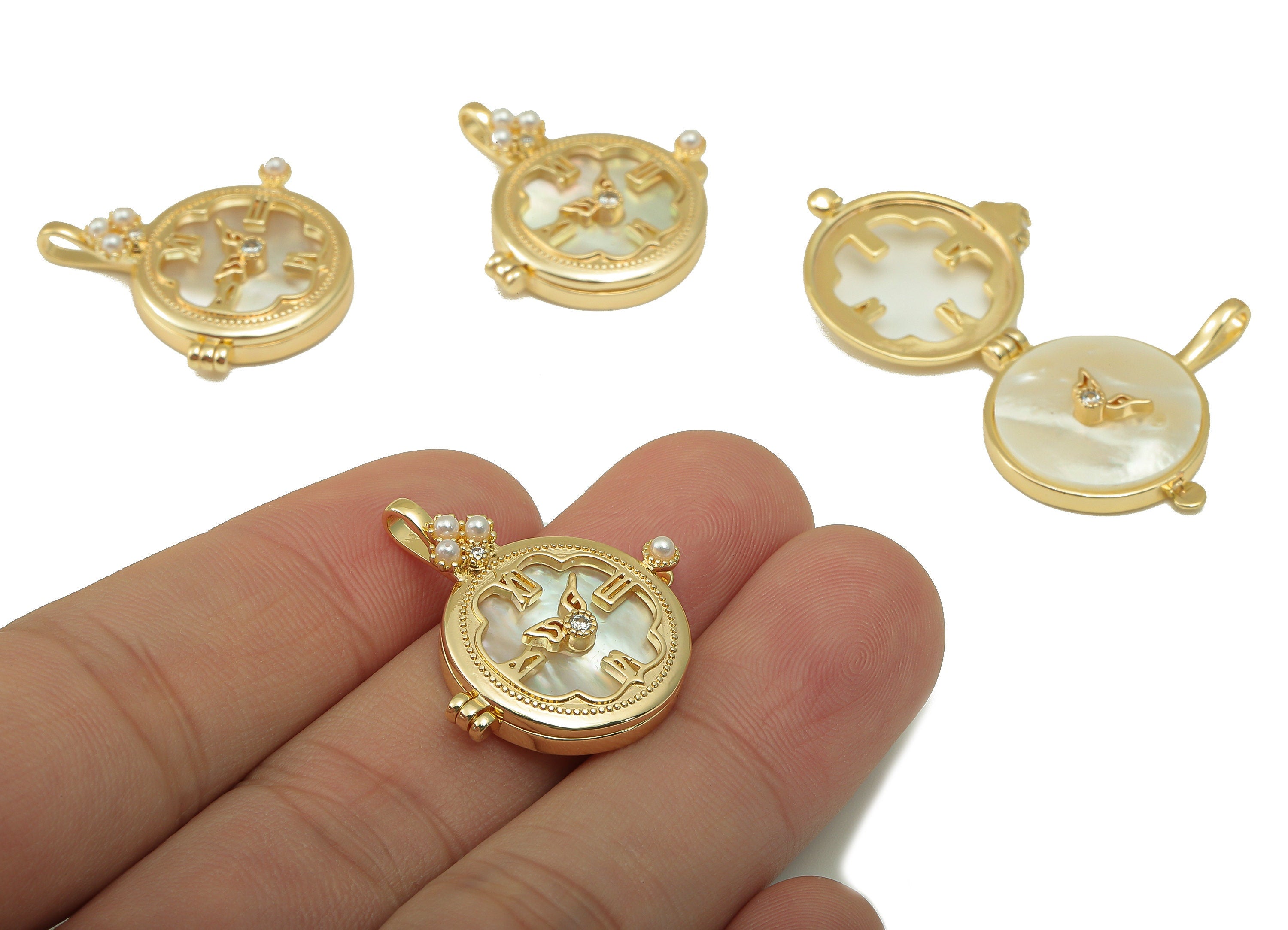 Brass Round Clock Earring Charm - Brass Cubic Zircon Shell Pendant - Star Wing Charm - 18K Real Gold Plated-Jewelry Making-27x24x5mm-RGP6621 - DOMEDBAZAAR