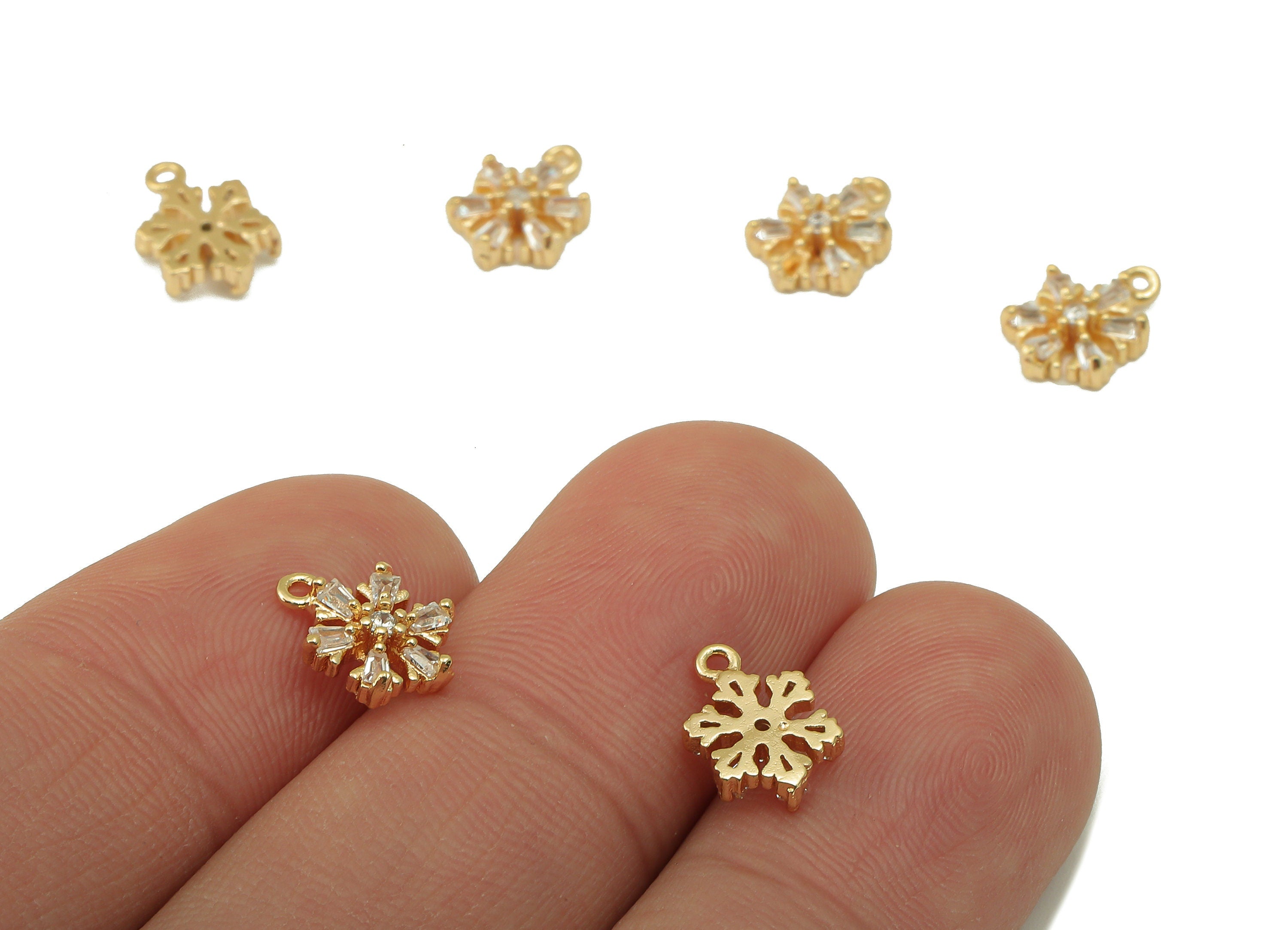 Brass Snowflake Earring Charm - Brass Cubic Zircon Pendant - Textured Shining Snowflake Charm -18K Real Gold Plated -10.3x7.3x2.6mm- RGP6653 - DOMEDBAZAAR