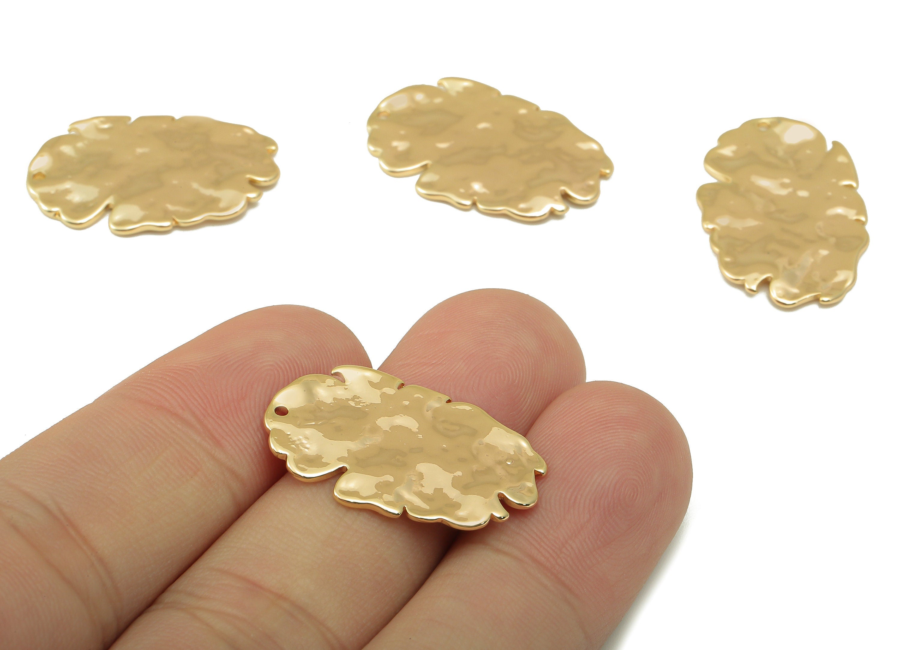 Brass Leaf Earring Charm - Brass Oval Hammered Pendant - For Necklace - 18K Real Gold Plated Brass - Jewelry Making - 26x16.5x1.3mm- RGP6602 - DOMEDBAZAAR
