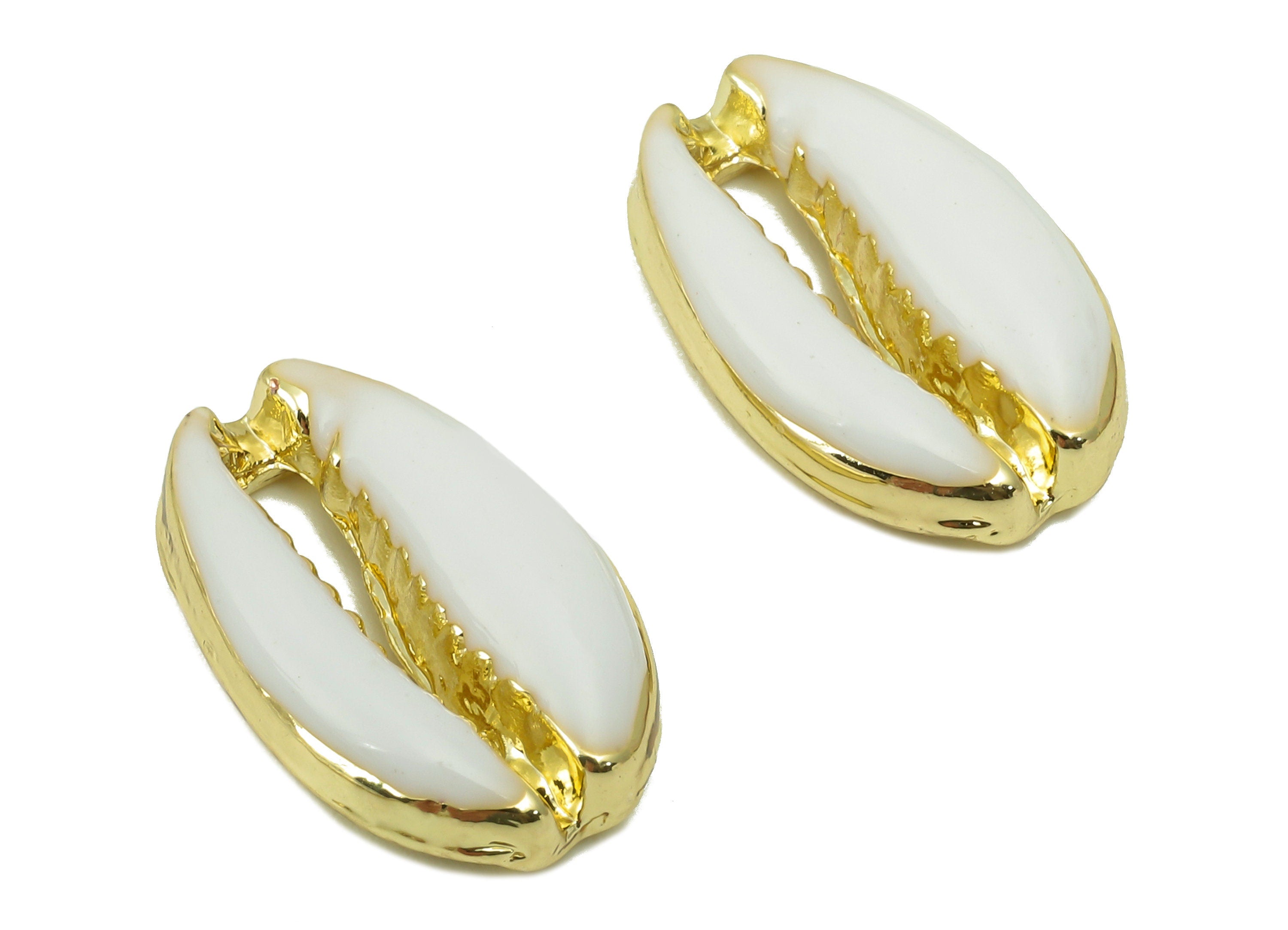Alloy Cowrie Charms - Gold Open Cowrie Charm -Alloy Open Cowrie Charm - KC Gold Tone White Plated -18.62 x 12.13 x 4.47mm- ZZ2042 - DOMEDBAZAAR