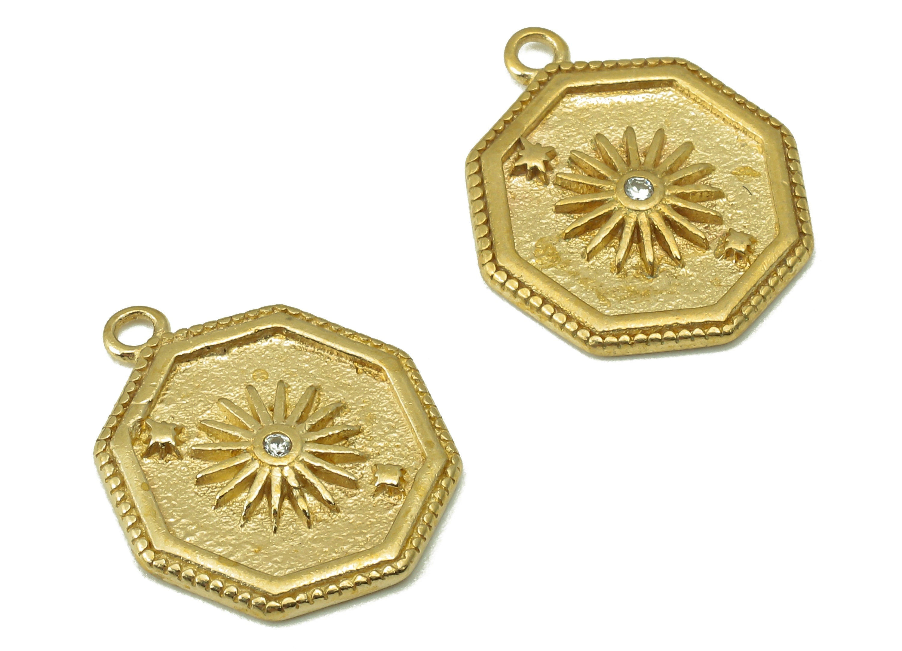 Raw Brass Octagon Zircon Pendant-Raw Brass Octagon Necklace Connector Daisy-Shaped Zircon-Jewelry Making Supplies-17.48x14.29x1.72mm-PP8383 - DOMEDBAZAAR