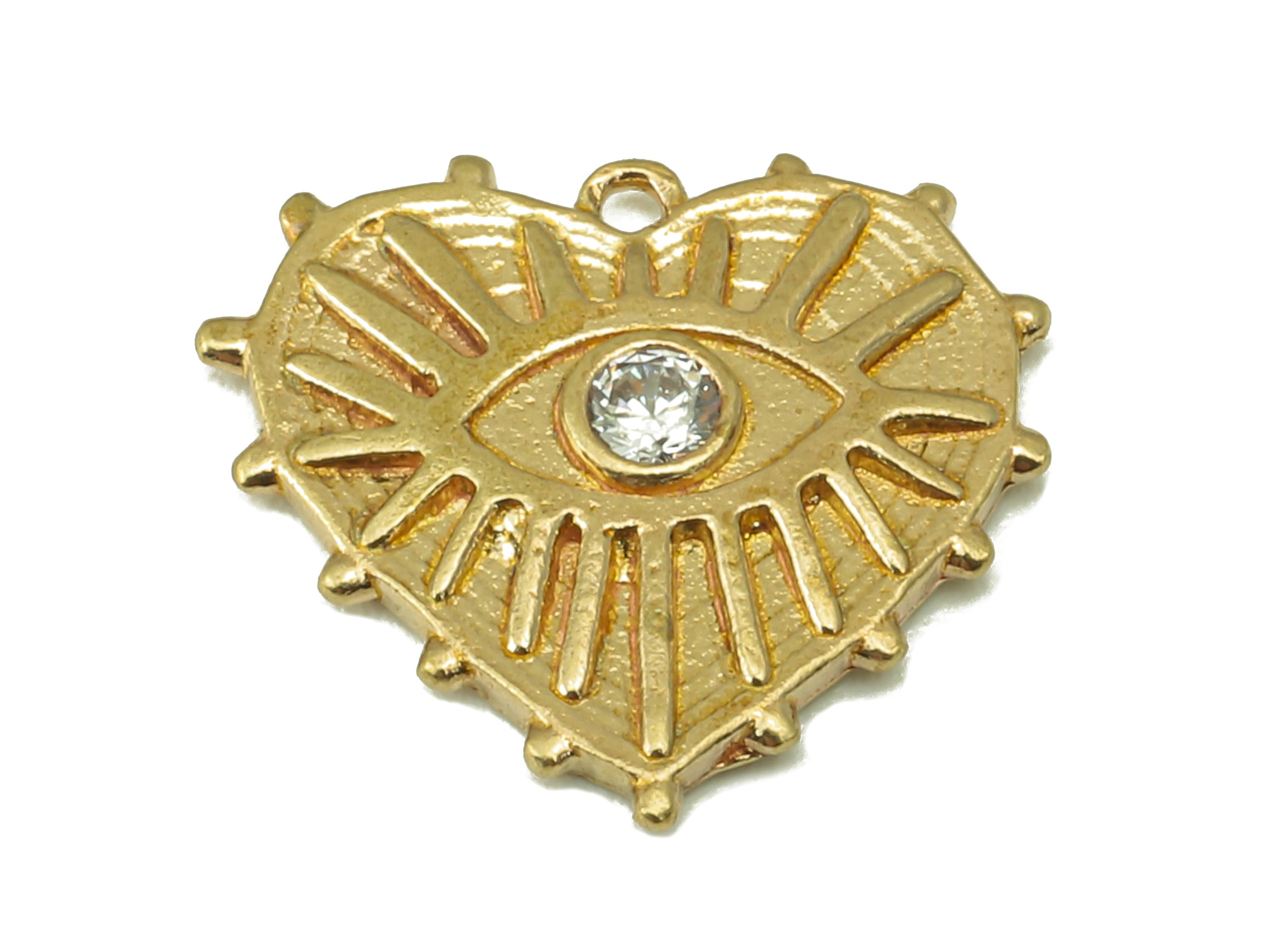 Raw Brass Zircon Heart Eyes Pendant-Raw Brass Heart Pendant Heart Eyes Pendant Connector-Jewelry Making Supplies-13.87x 14.83 x 1.7mm-PP8388 - DOMEDBAZAAR