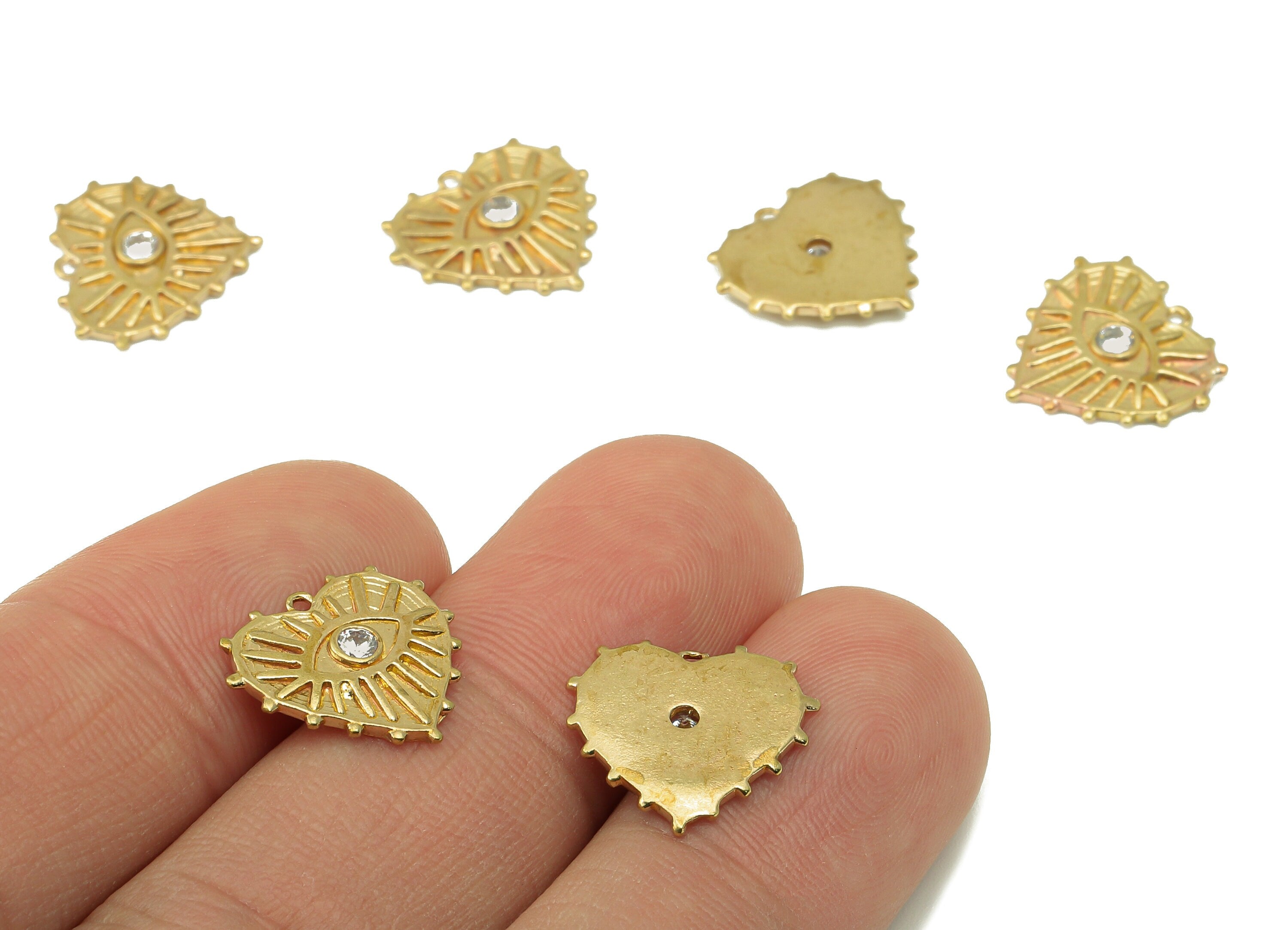 Raw Brass Zircon Heart Eyes Pendant-Raw Brass Heart Pendant Heart Eyes Pendant Connector-Jewelry Making Supplies-13.87x 14.83 x 1.7mm-PP8388 - DOMEDBAZAAR